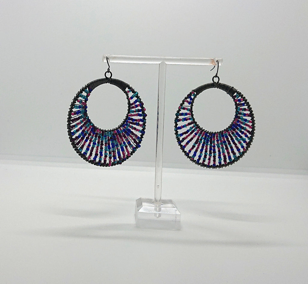 Vintage Seed Bead Earrings Chunky Round Dangle Drop Purple, Pink, Blue Costume Jewellery Jewelry Hippie Earrings