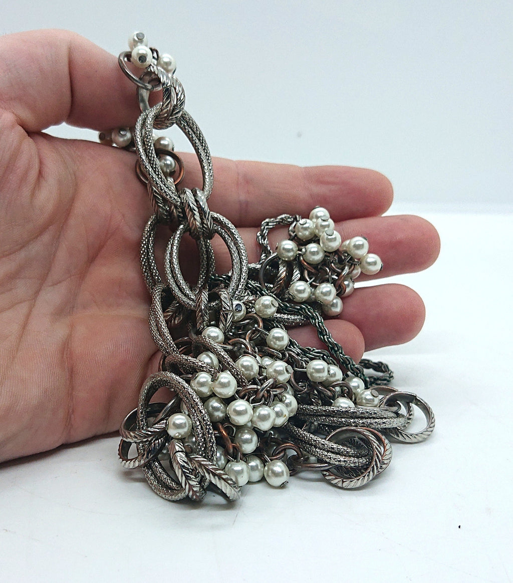 Vintage Silver Long Necklace Cluster Pearls with Silver Chain Necklace Costume Jewellery Jewelry