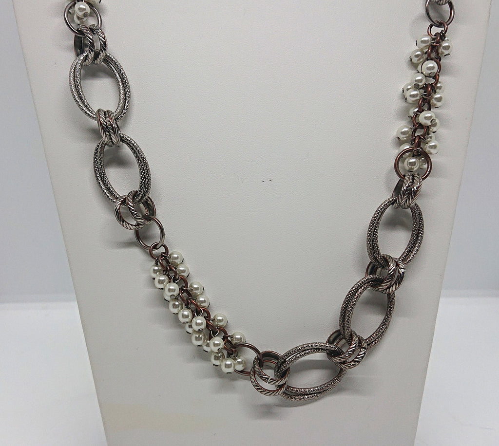 Vintage Silver Long Necklace Cluster Pearls with Silver Chain Necklace Costume Jewellery Jewelry