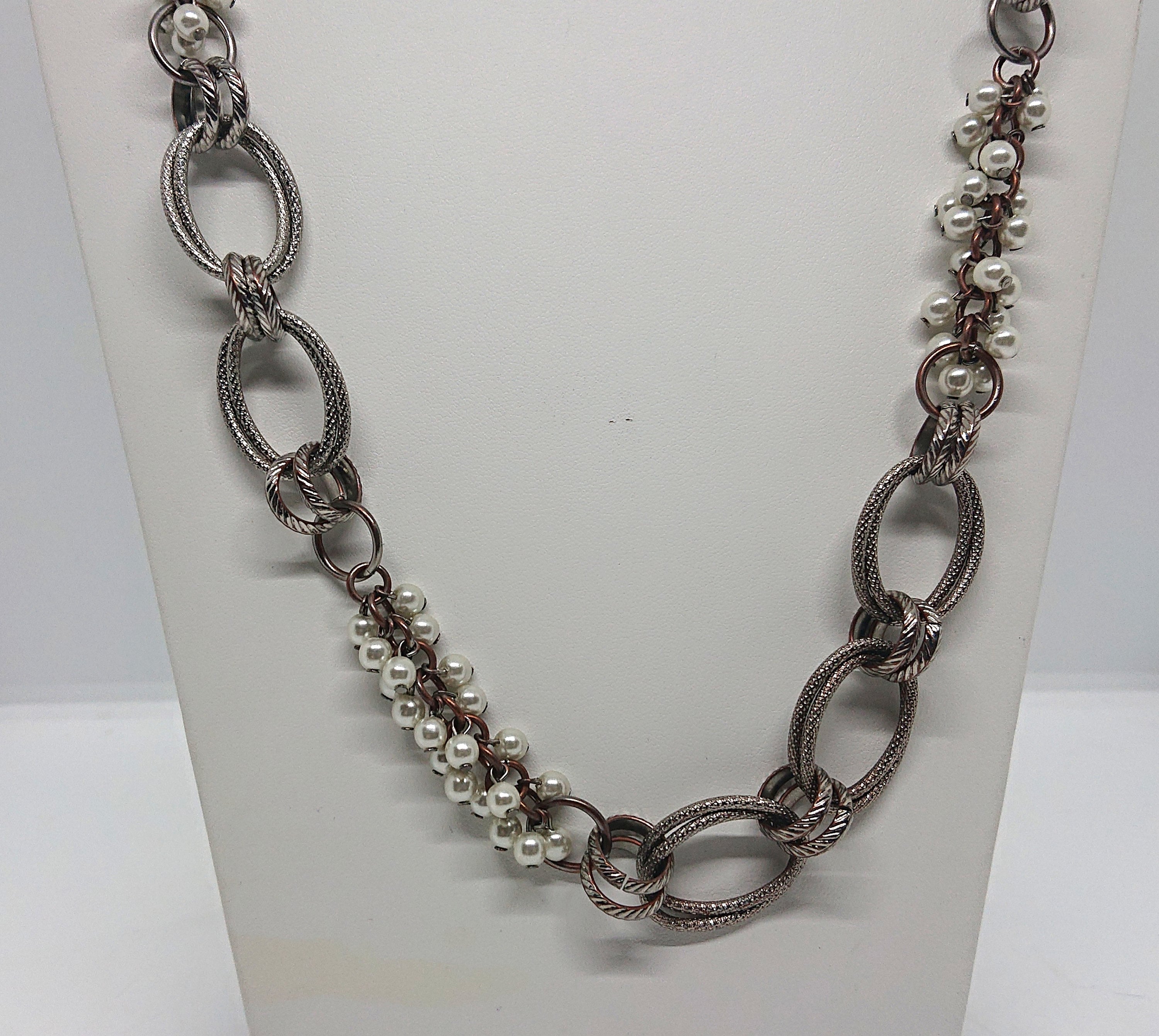 Vintage Silver Long Necklace Cluster Pearls with Silver Chain Necklace Costume Jewellery Jewelry