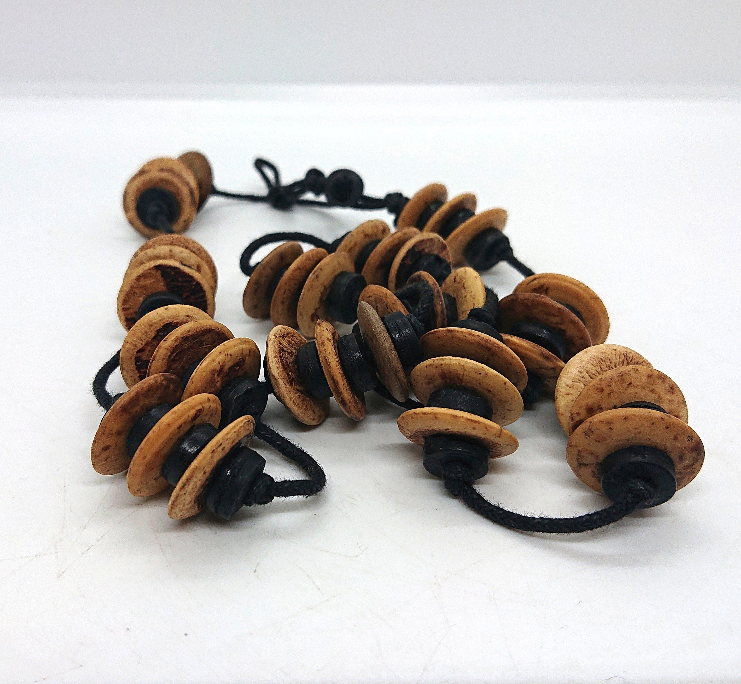 Vintage Wooden Necklace Boho Hippie Style Wooden Beaded Necklace Black and Brown Button Beads.