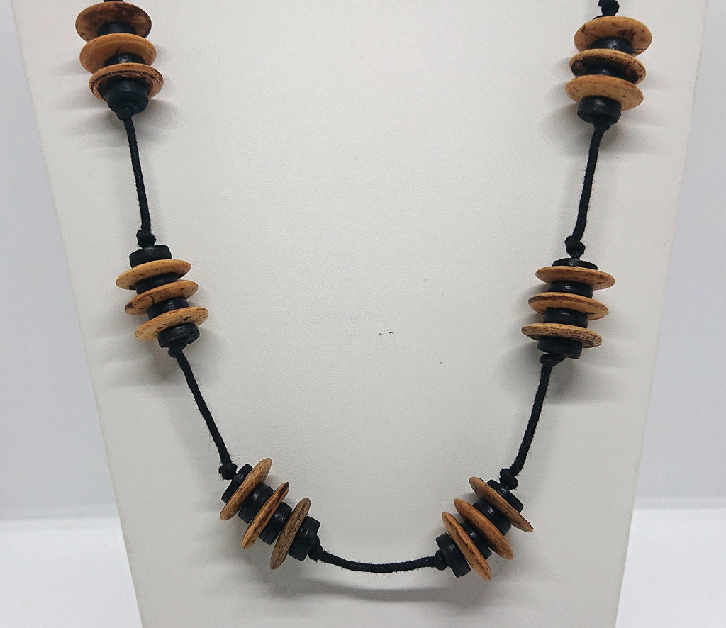 Vintage Wooden Necklace Boho Hippie Style Wooden Beaded Necklace Black and Brown Button Beads.