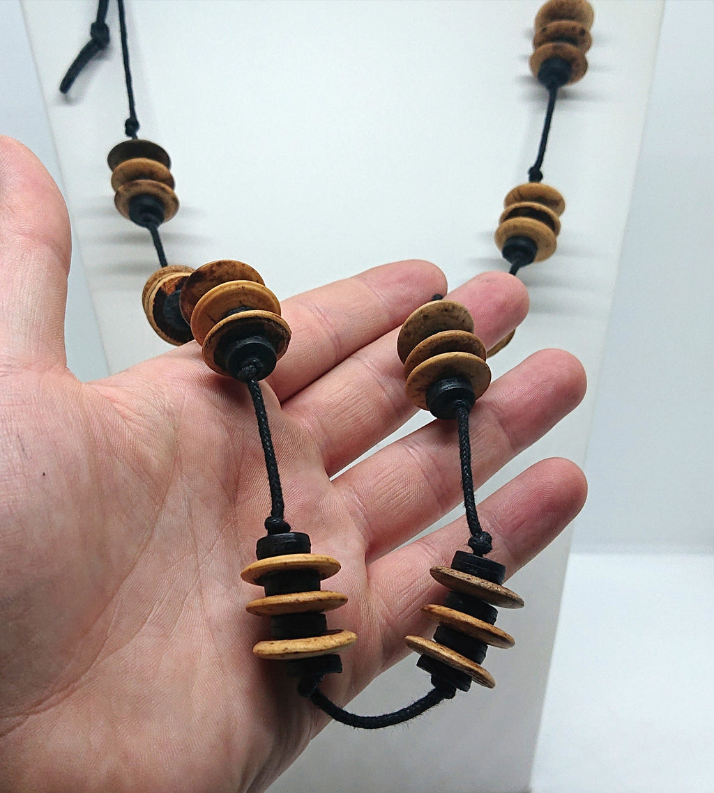 Vintage Wooden Necklace Boho Hippie Style Wooden Beaded Necklace Black and Brown Button Beads.