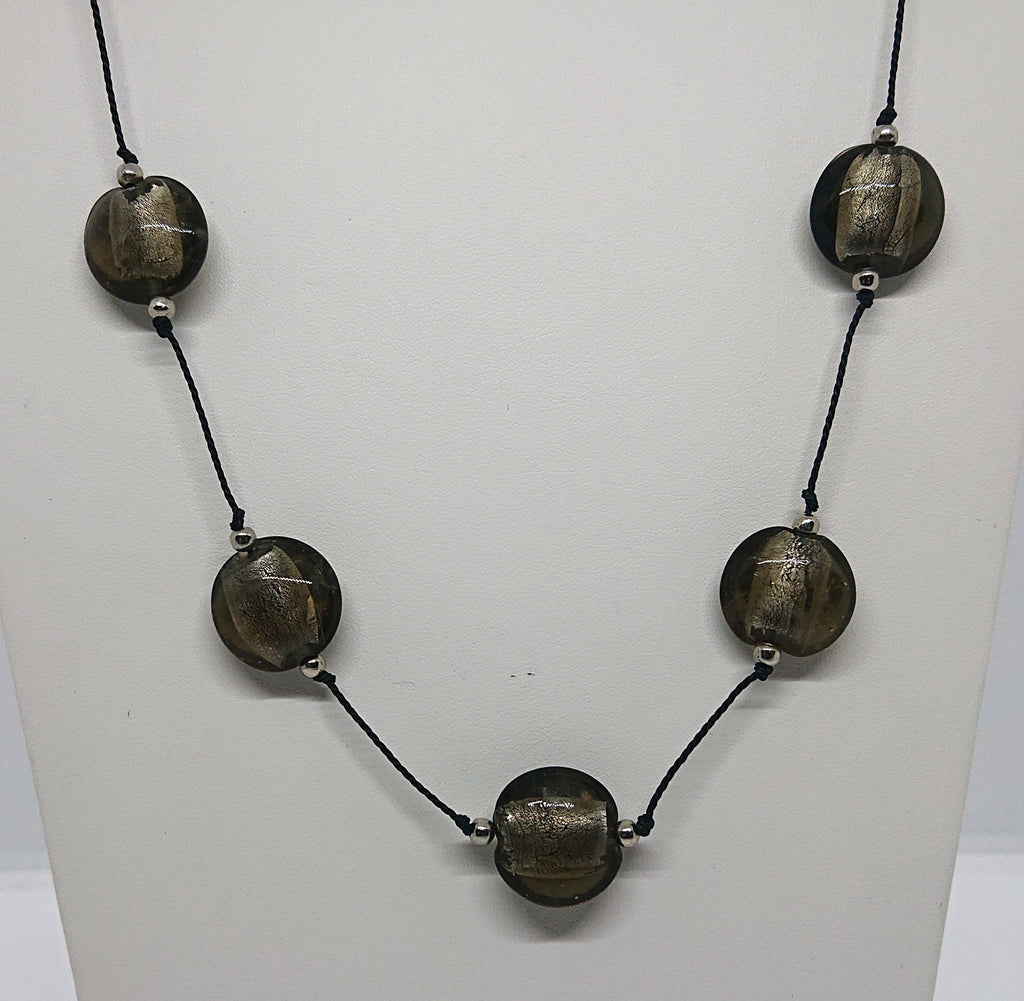Vintage Glass Beaded Necklace Silver Foil Glass Costume Jewellery Jewelry Black Leather Strap
