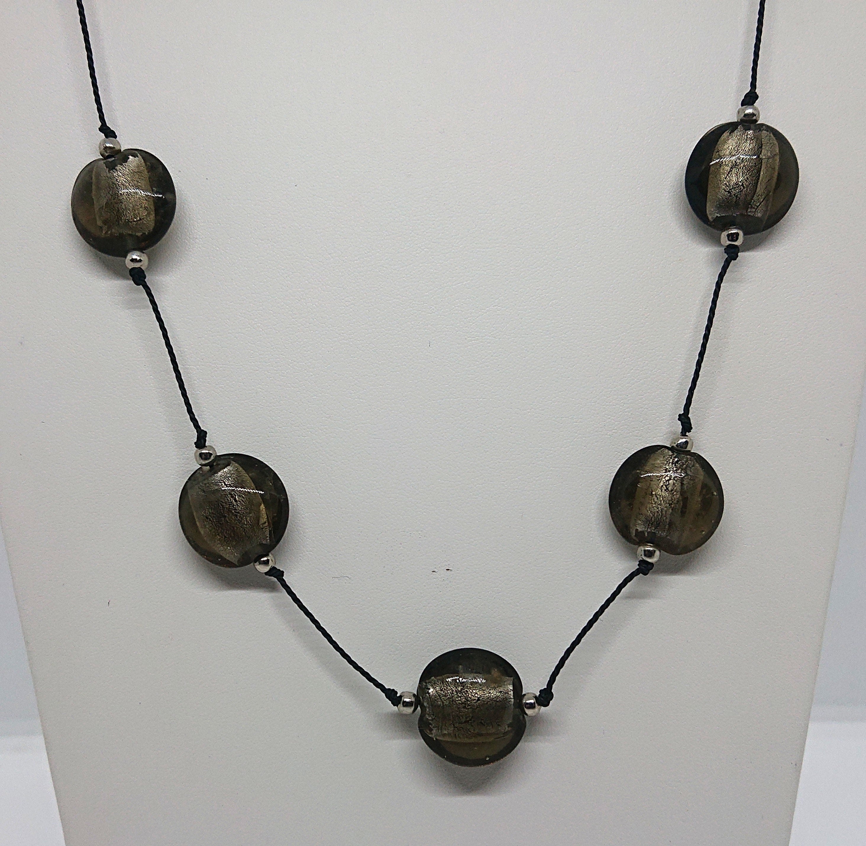 Vintage Glass Beaded Necklace Silver Foil Glass Costume Jewellery Jewelry Black Leather Strap