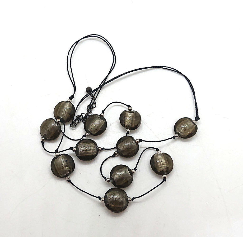 Vintage Glass Beaded Necklace Silver Foil Glass Costume Jewellery Jewelry Black Leather Strap