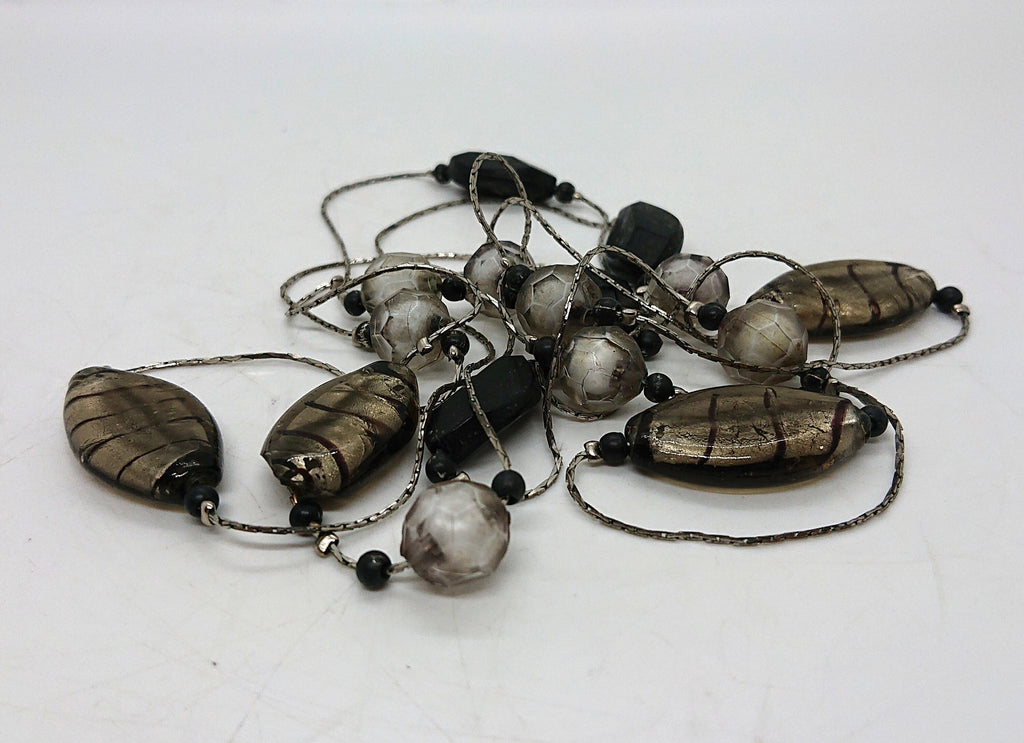 Vintage Long Foil Glass Beaded Necklace Glam Lucite 90's Costume Jewellery Jewelry