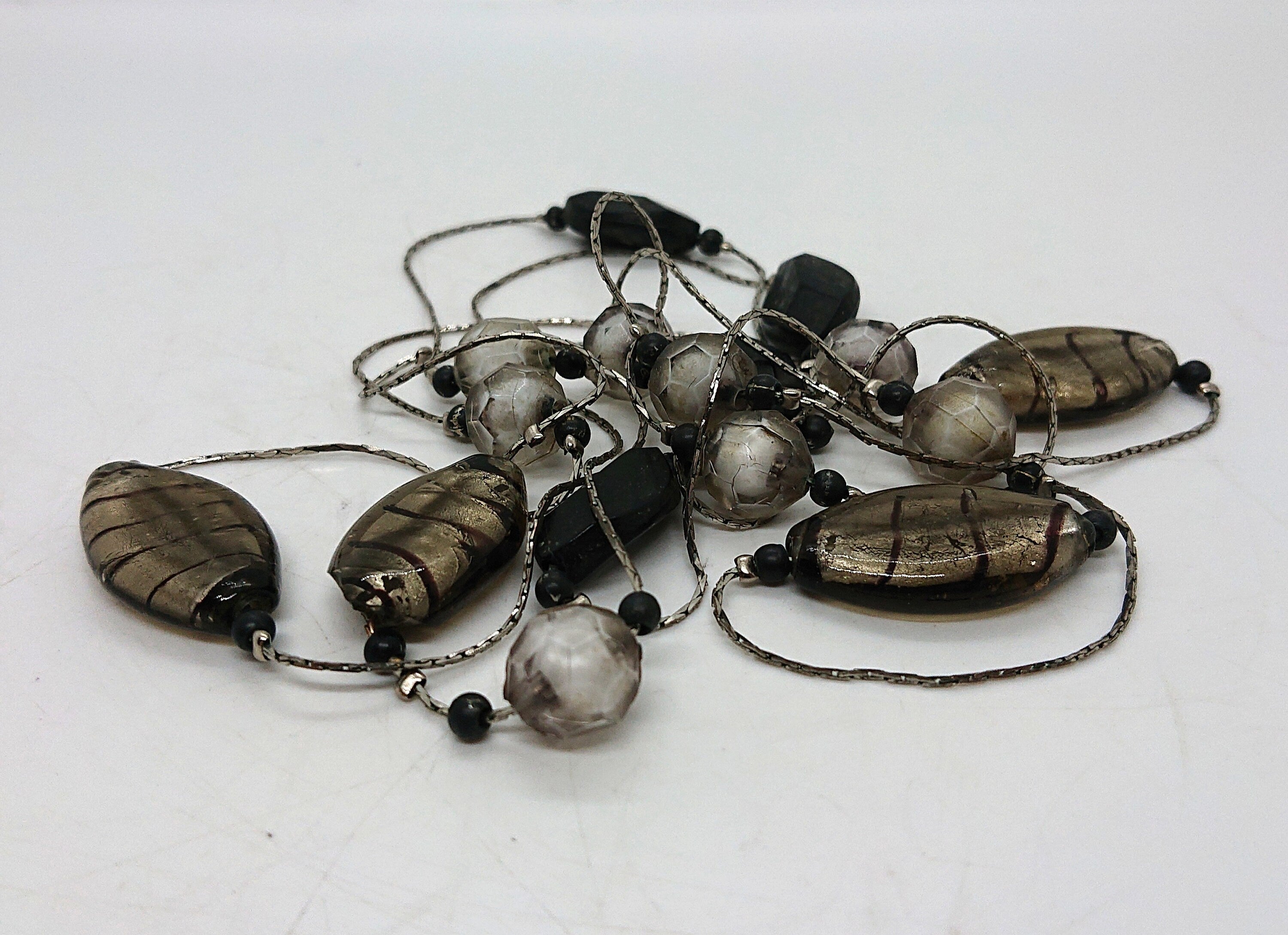 Vintage Long Foil Glass Beaded Necklace Glam Lucite 90's Costume Jewellery Jewelry