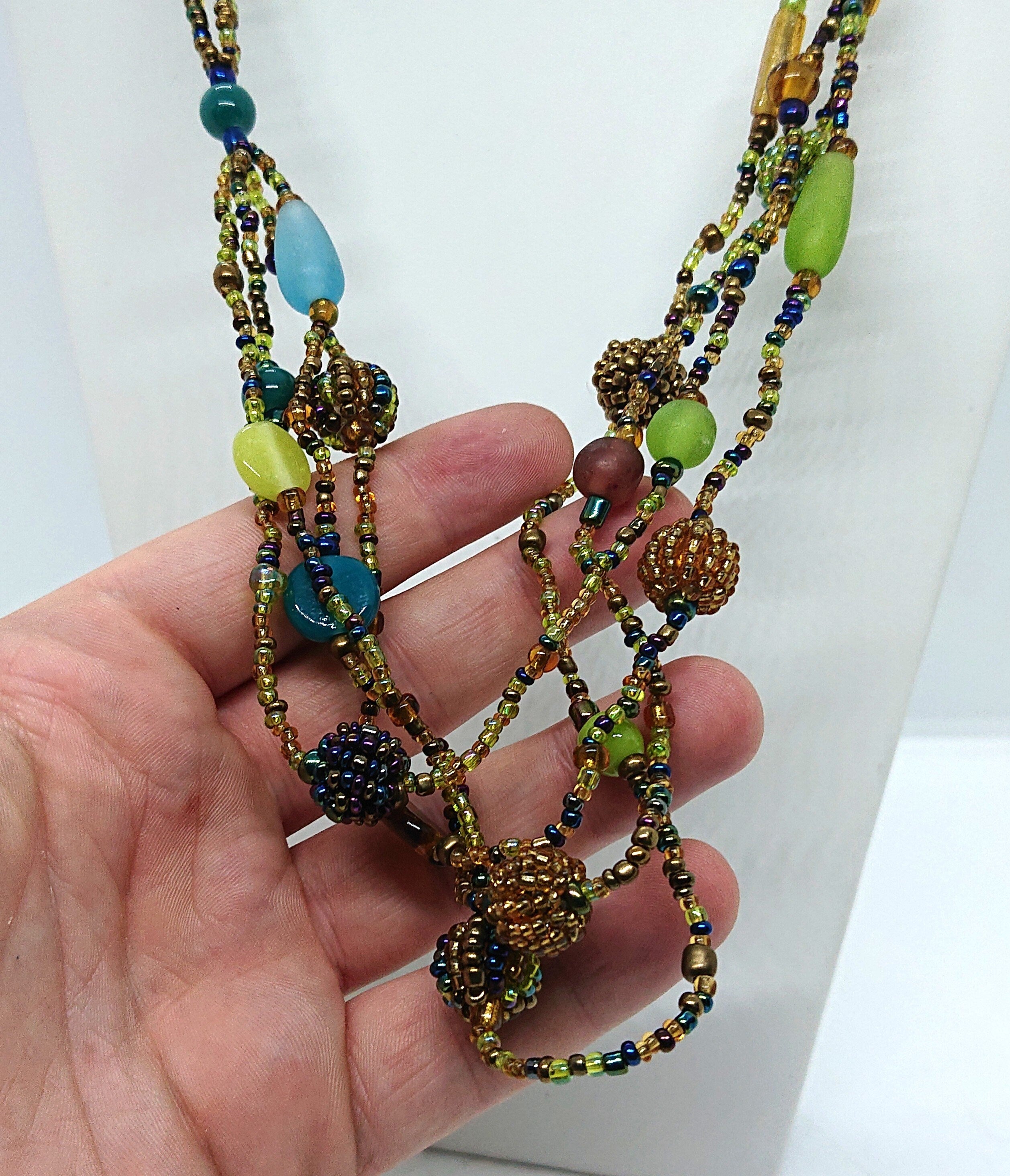 Vintage Seed Bead Necklace Retro Hippie Multi strand Green Blue Beaded Costume Jewellery Jewelry Festival Boho