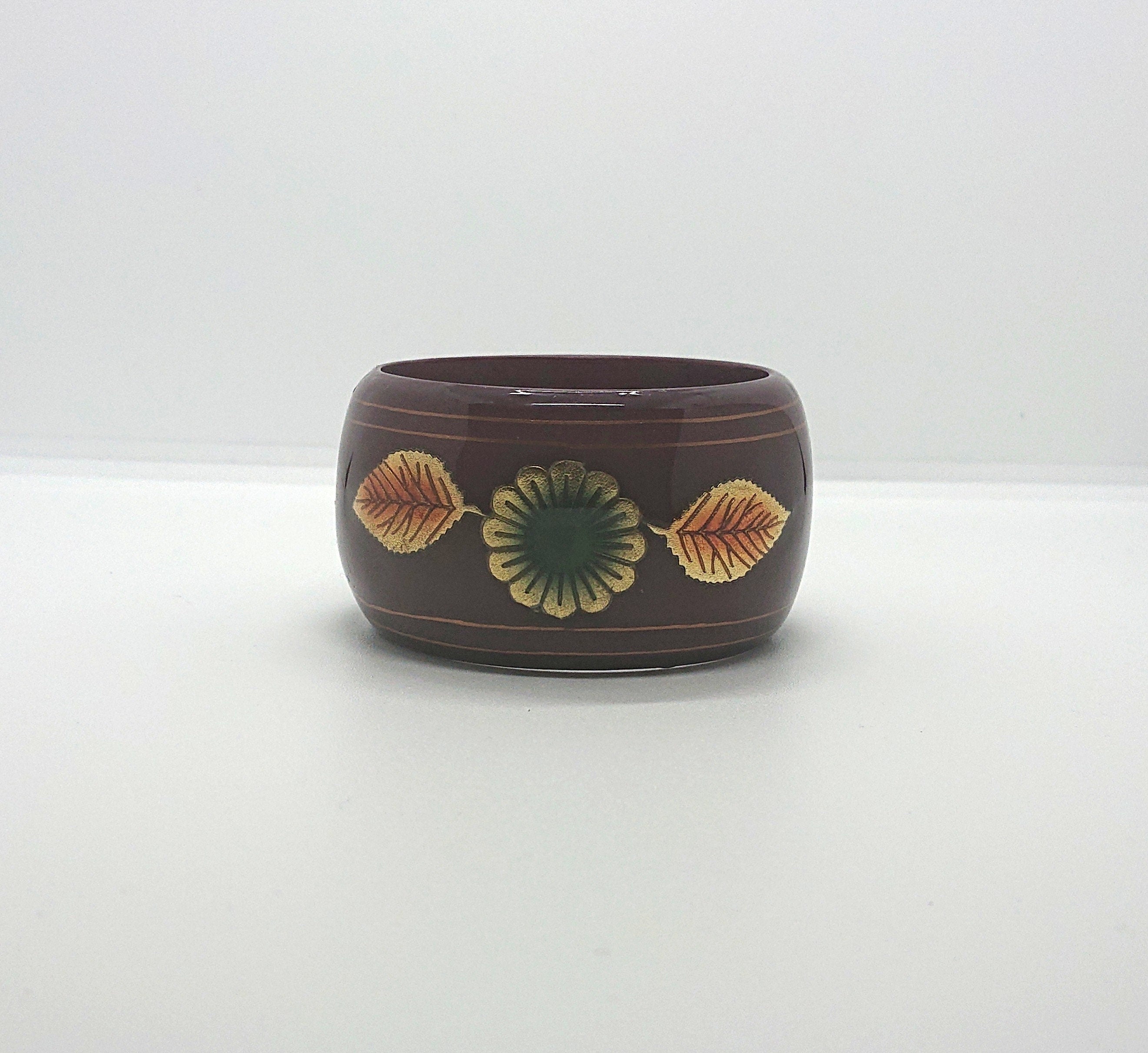 Vintage Chunky Leaf Bangle Floral Wooden Red, Gold and Green Bracelet Boho Hippie Costume Jewellery Jewelry