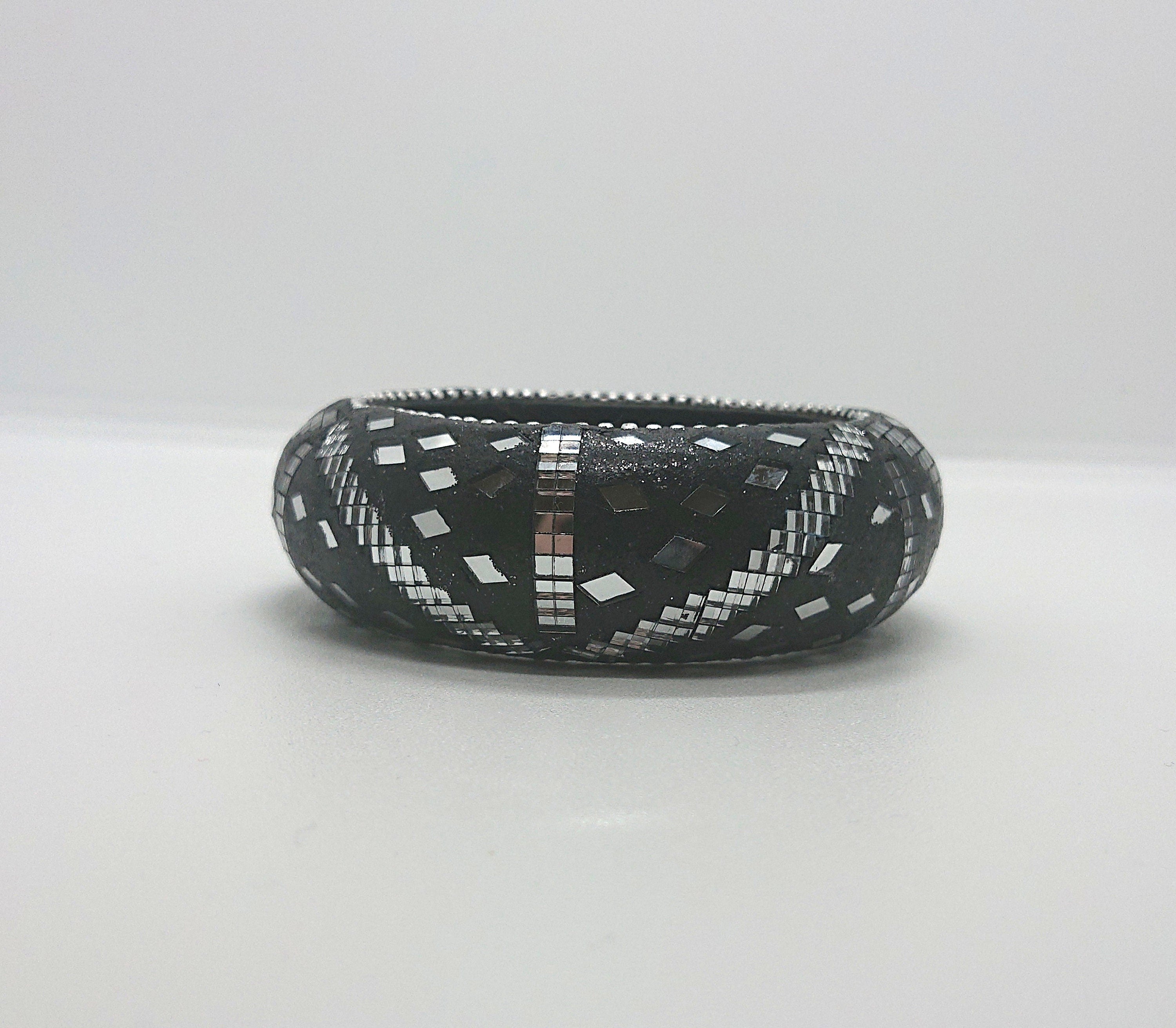 Vintage Chunky Glass Mosaique Art Black and Clear Oversized Costume Jewellery Jewelry Bracelet