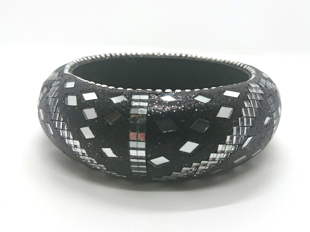 Vintage Chunky Glass Mosaique Art Black and Clear Oversized Costume Jewellery Jewelry Bracelet