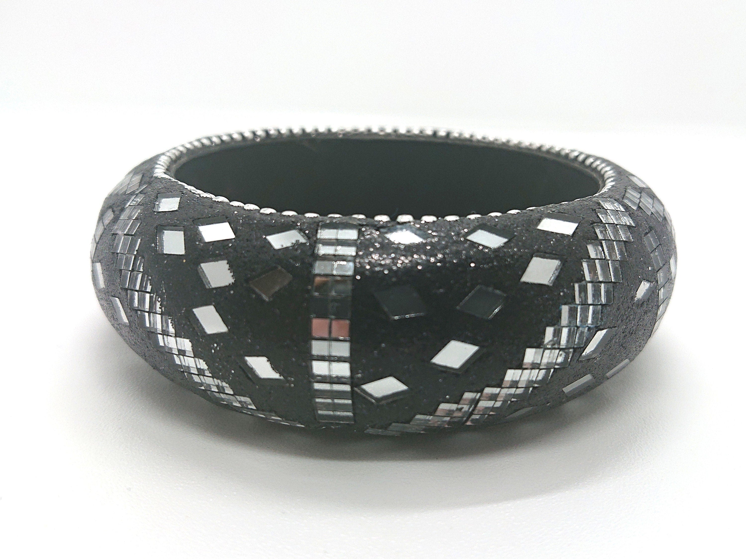 Vintage Chunky Glass Mosaique Art Black and Clear Oversized Costume Jewellery Jewelry Bracelet