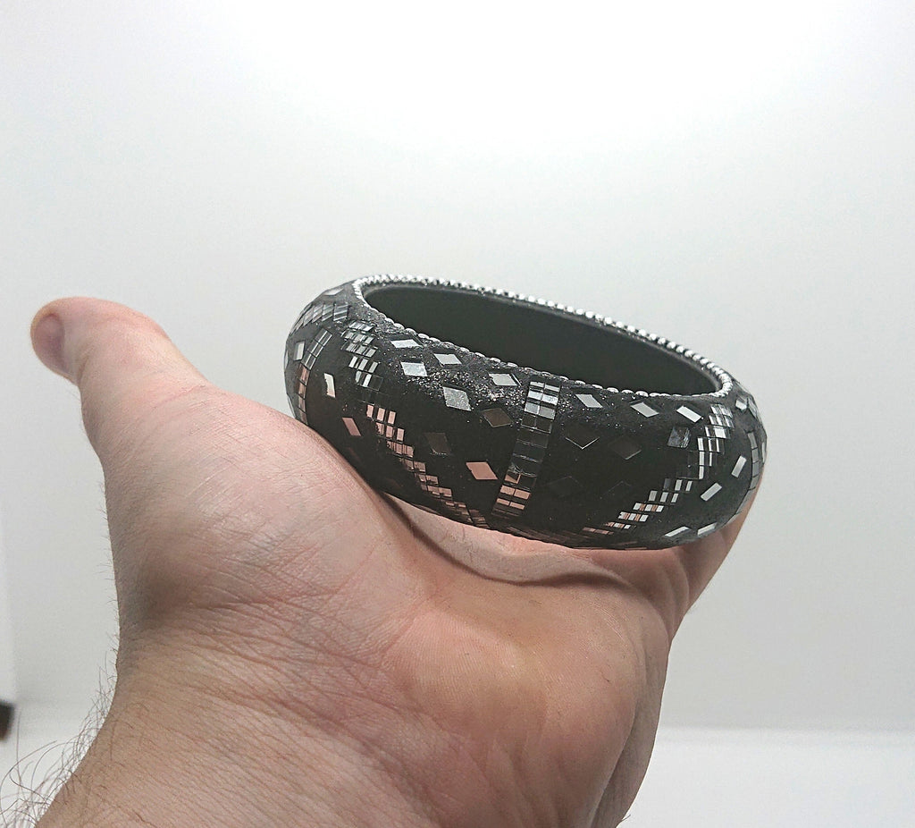Vintage Chunky Glass Mosaique Art Black and Clear Oversized Costume Jewellery Jewelry Bracelet