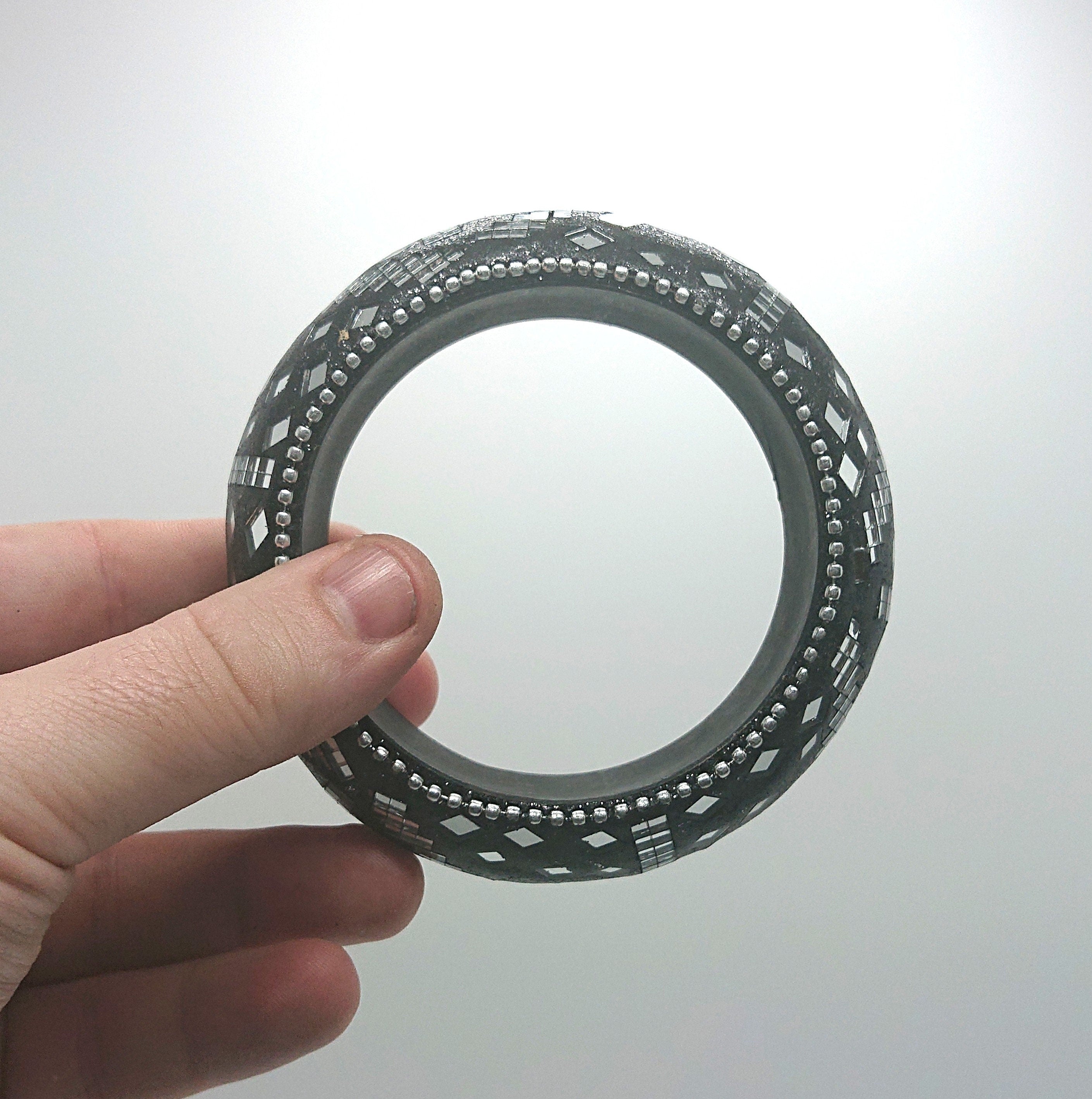 Vintage Chunky Glass Mosaique Art Black and Clear Oversized Costume Jewellery Jewelry Bracelet