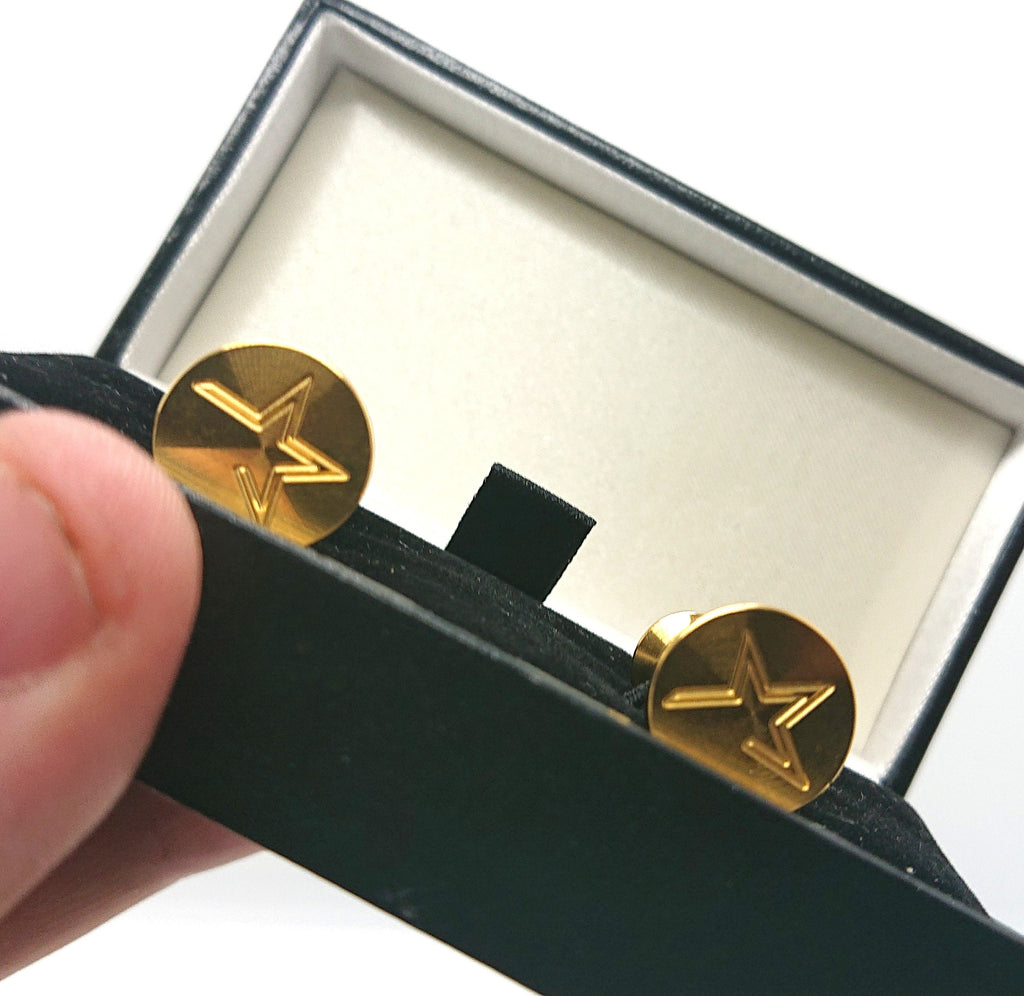 Vintage Boxed Gold Cufflinks Circular Star Gold Tone Metal Mens Cuff Links Jewellery Gift for Him Jewelry
