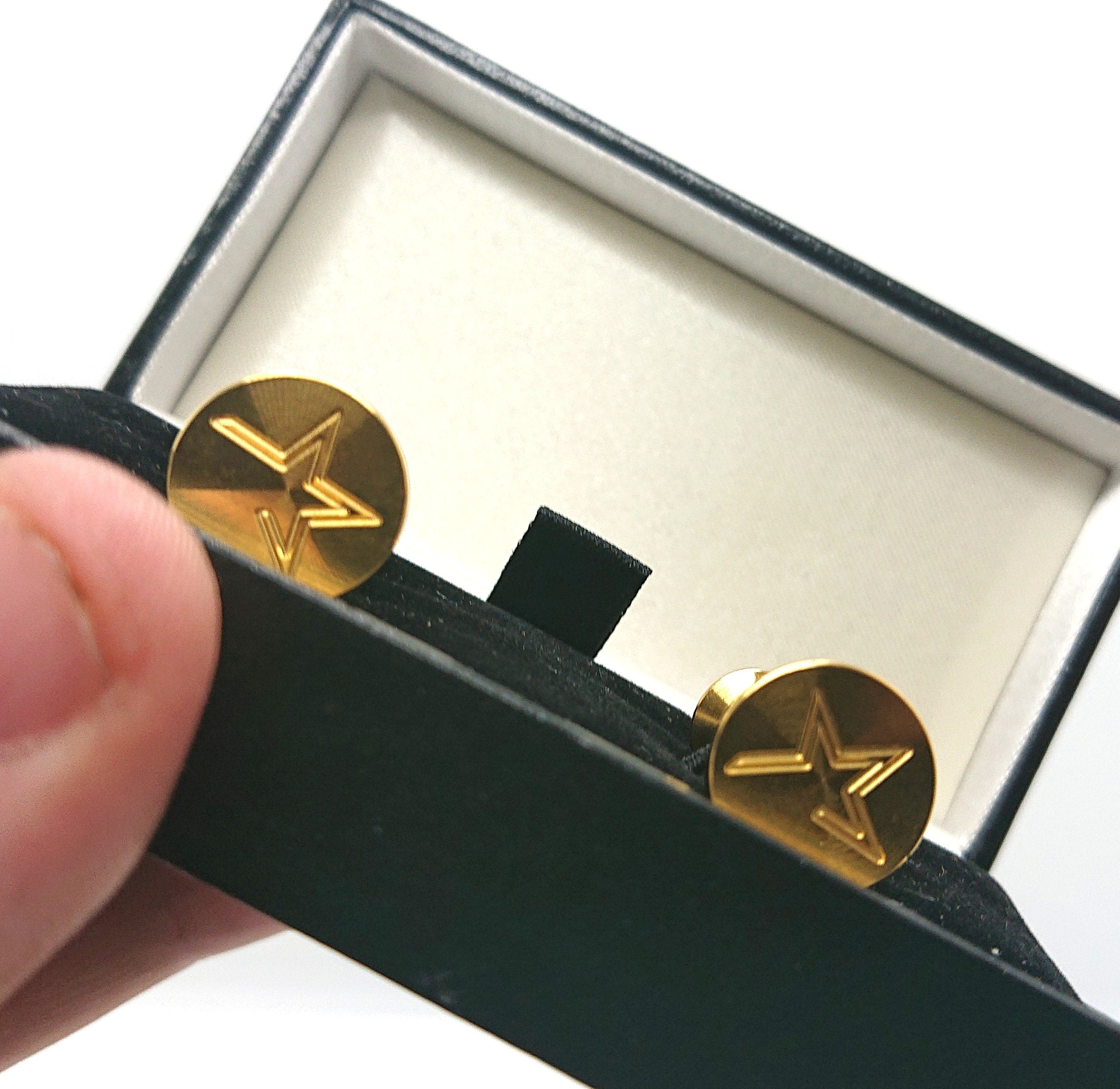 Vintage Boxed Gold Cufflinks Circular Star Gold Tone Metal Mens Cuff Links Jewellery Gift for Him Jewelry