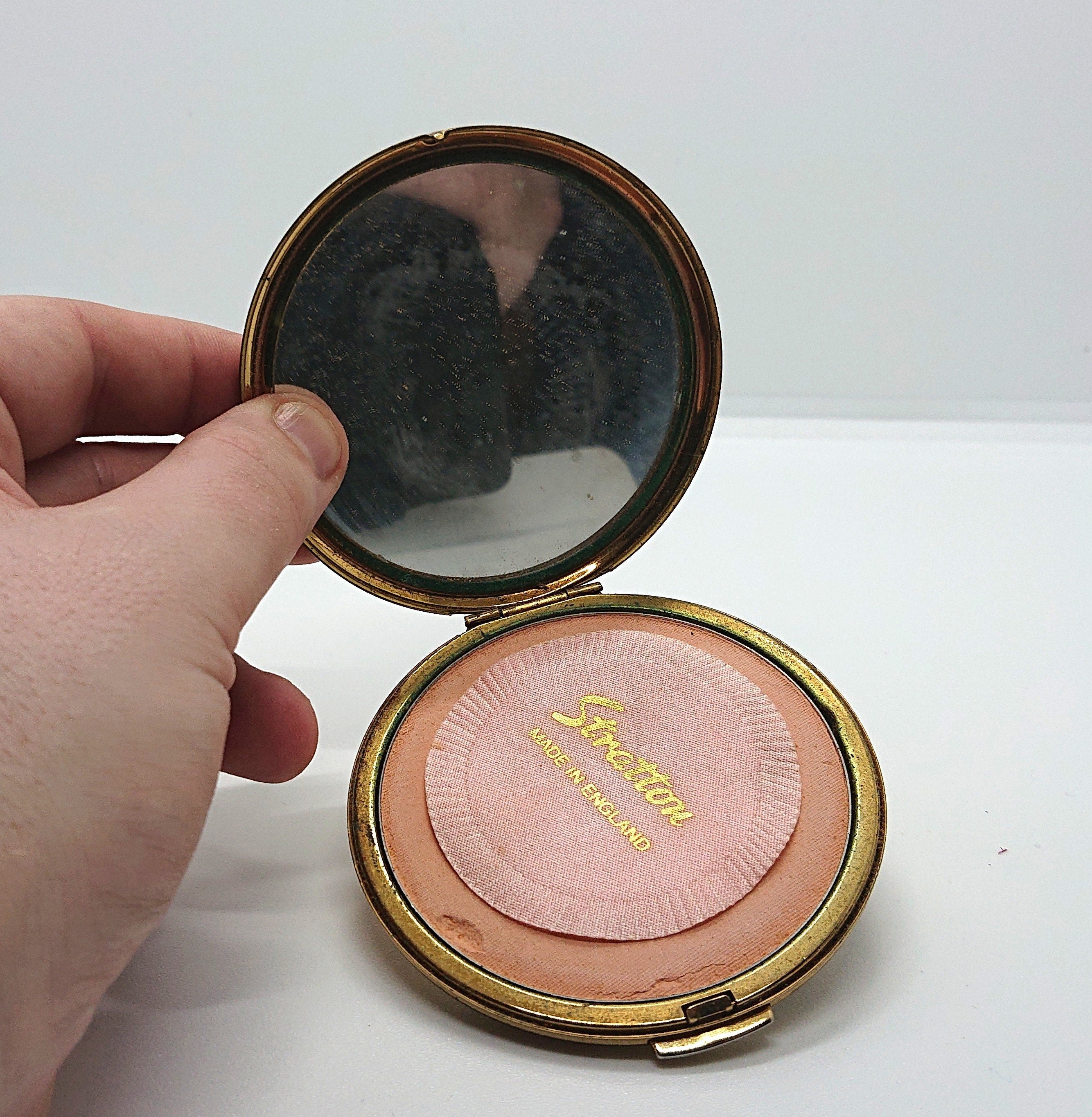 Vintage Stratton Compact Original Box Floral Compact Gold with Sifter Red and White Flowers Make Up Compact Vanity Hand Mirror