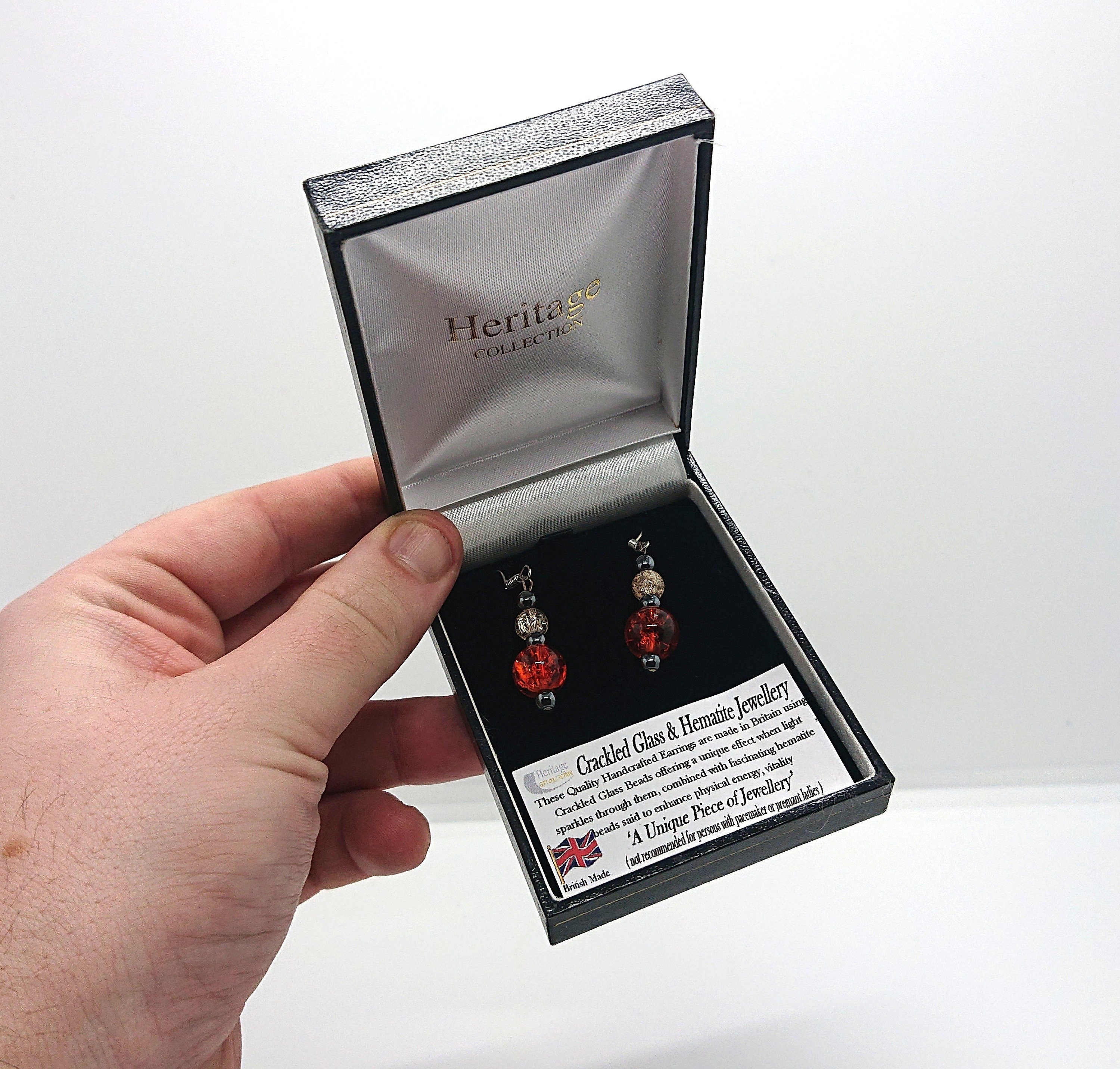 Vintage Earrings Boxed Dangle Drop Crackled Glass and Hematite Jewellery Costume Jewellery Jewelry