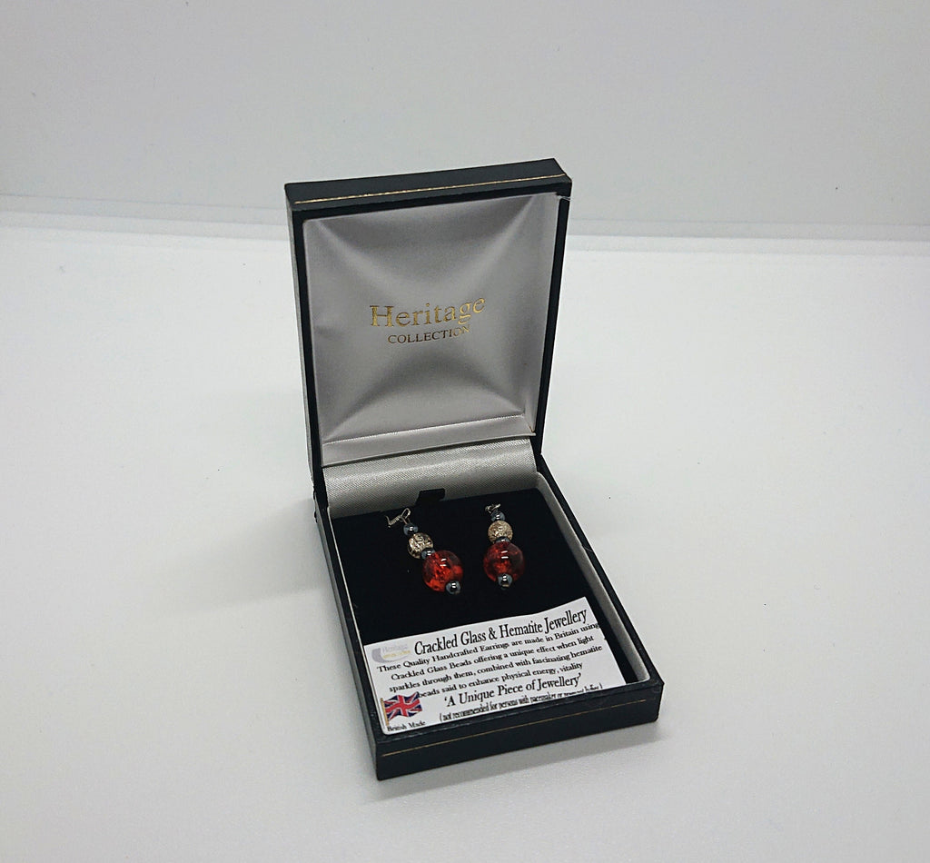 Vintage Earrings Boxed Dangle Drop Crackled Glass and Hematite Jewellery Costume Jewellery Jewelry