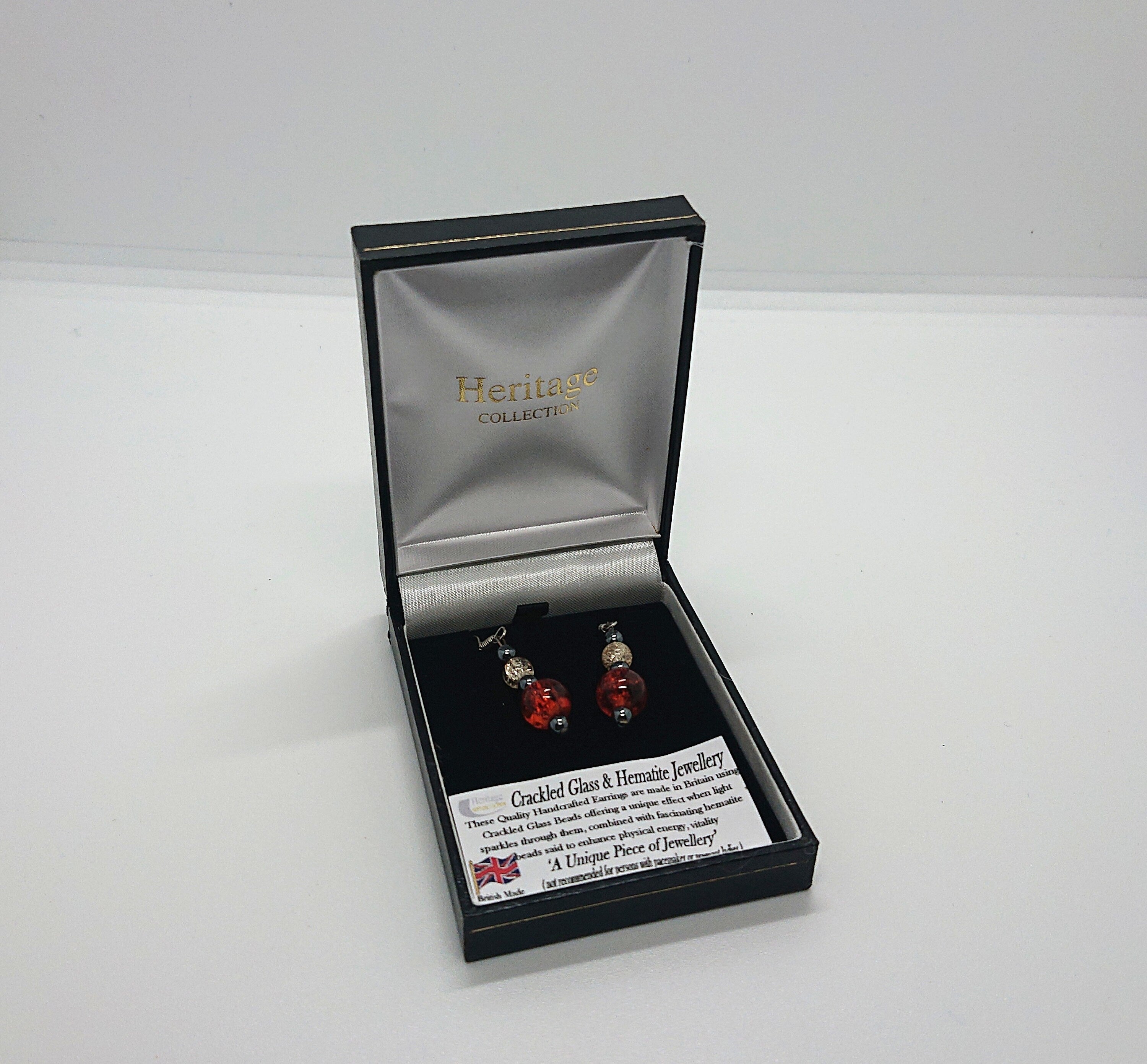 Vintage Earrings Boxed Dangle Drop Crackled Glass and Hematite Jewellery Costume Jewellery Jewelry