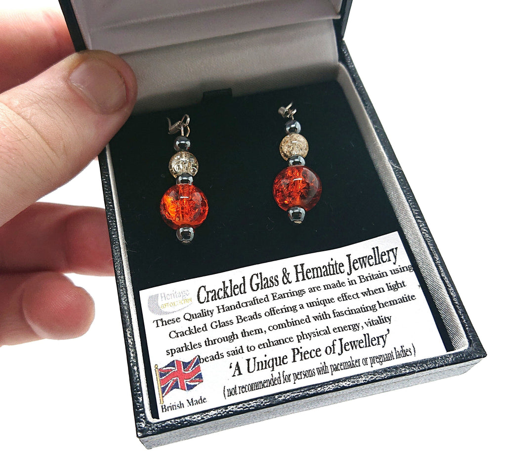 Vintage Earrings Boxed Dangle Drop Crackled Glass and Hematite Jewellery Costume Jewellery Jewelry