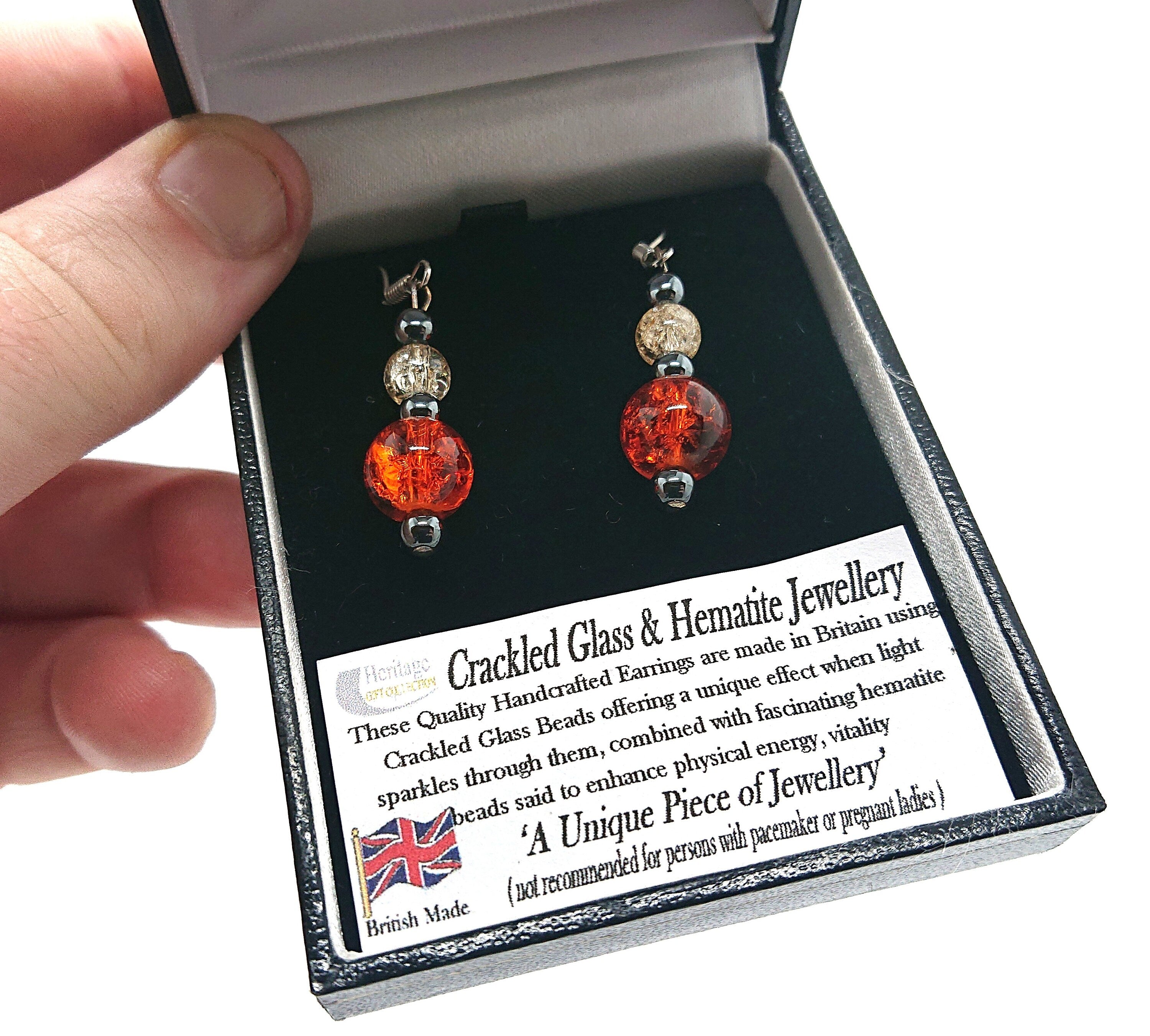 Vintage Earrings Boxed Dangle Drop Crackled Glass and Hematite Jewellery Costume Jewellery Jewelry