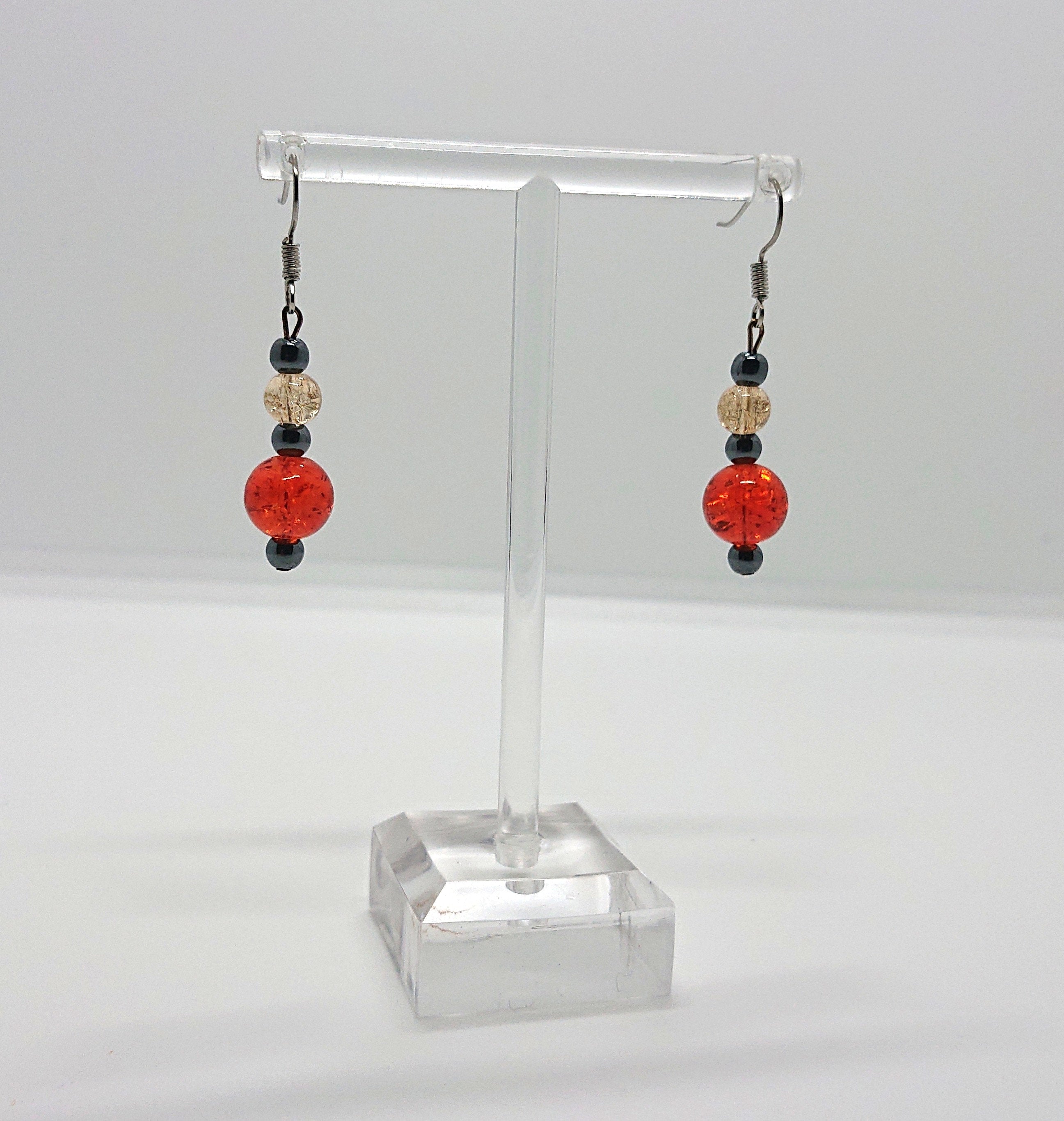Vintage Earrings Boxed Dangle Drop Crackled Glass and Hematite Jewellery Costume Jewellery Jewelry