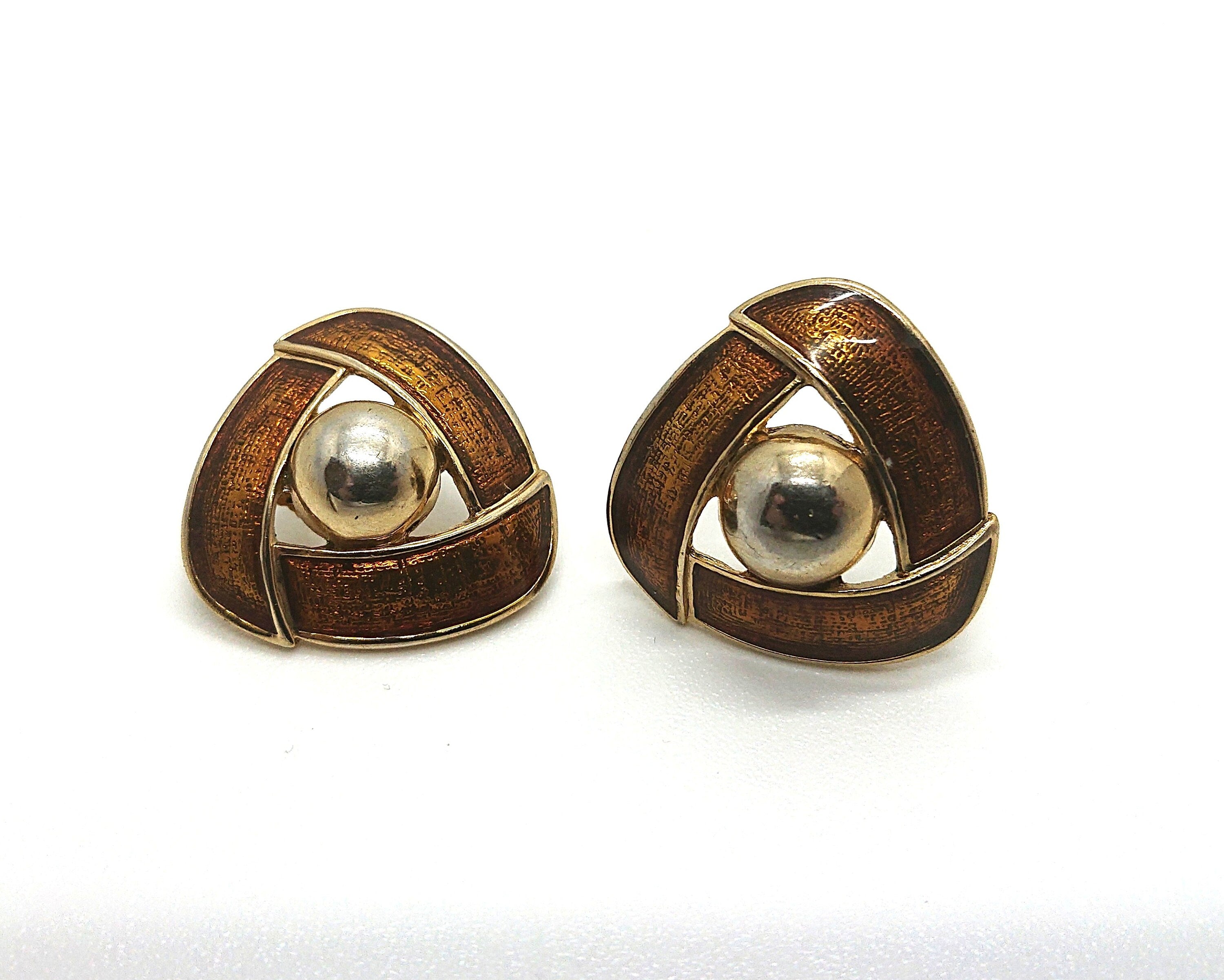 Vintage Chunky Earrings Orange Enamel Silver Stud Triangle Earrings Costume Jewellery Jewelry