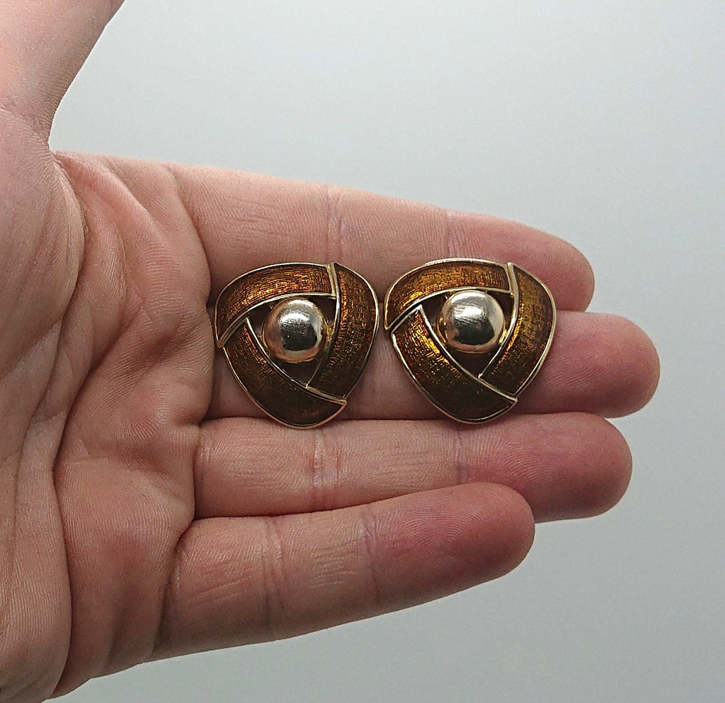 Vintage Chunky Earrings Orange Enamel Silver Stud Triangle Earrings Costume Jewellery Jewelry
