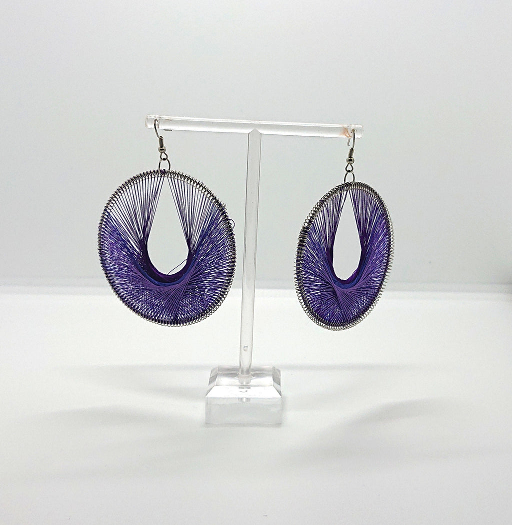 Vintage Chunky Earrings Purple Round Dangle Drop Oversized Round Cotton Costume Jewellery Jewelry hippie jewellery