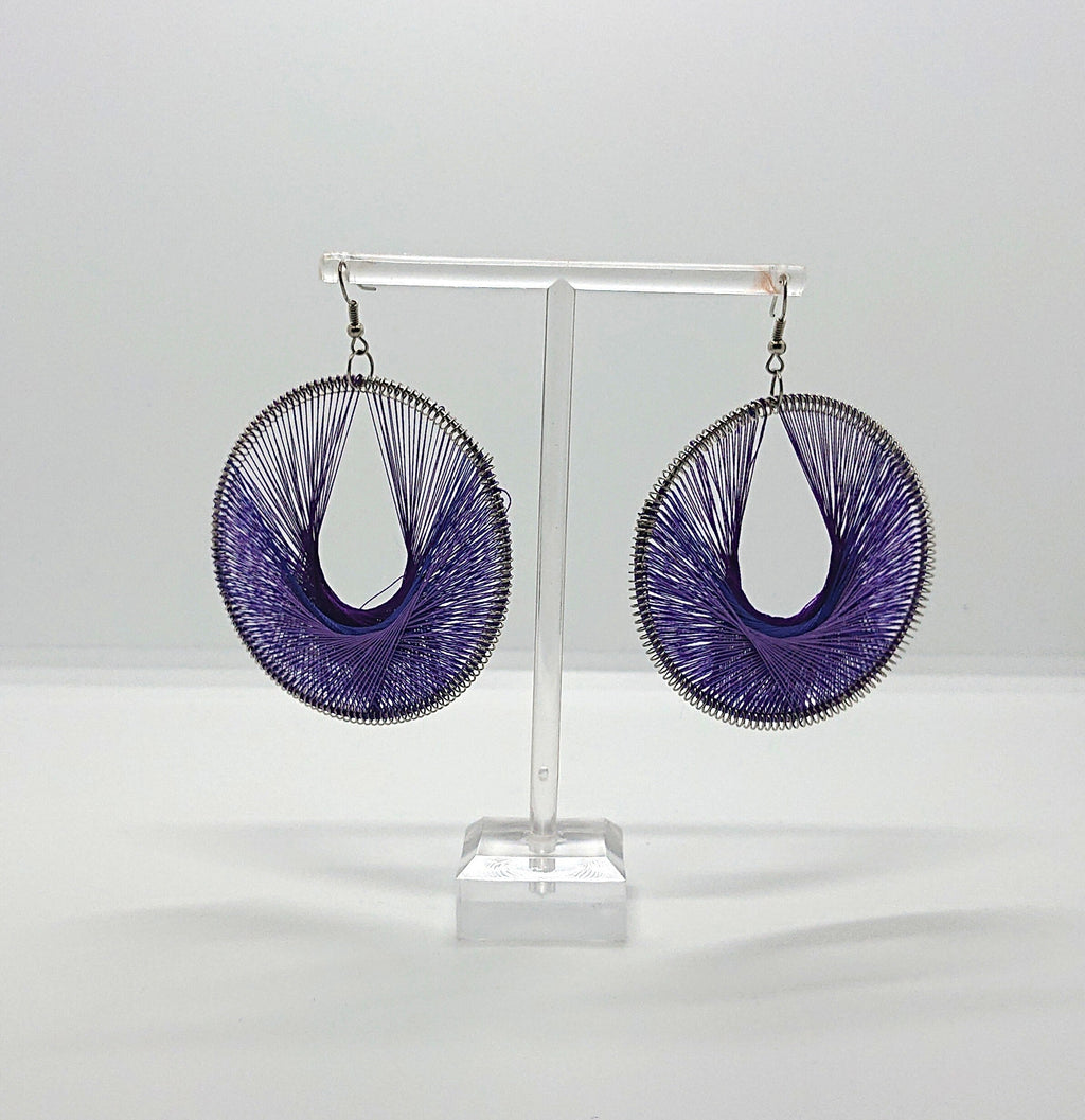 Vintage Chunky Earrings Purple Round Dangle Drop Oversized Round Cotton Costume Jewellery Jewelry hippie jewellery