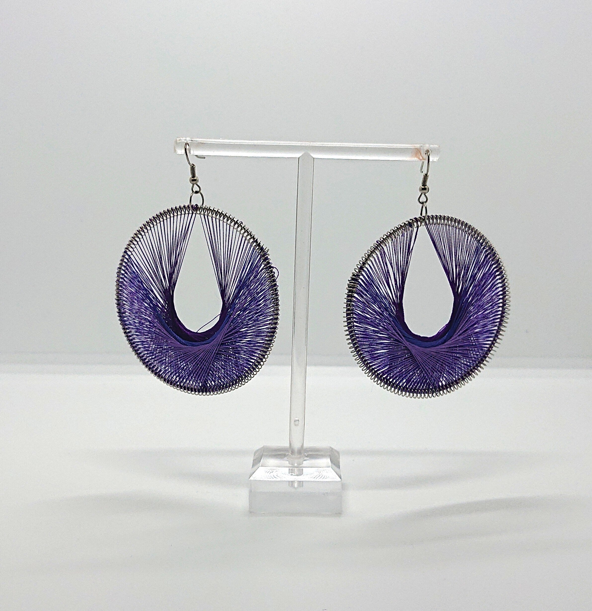 Vintage Chunky Earrings Purple Round Dangle Drop Oversized Round Cotton Costume Jewellery Jewelry hippie jewellery