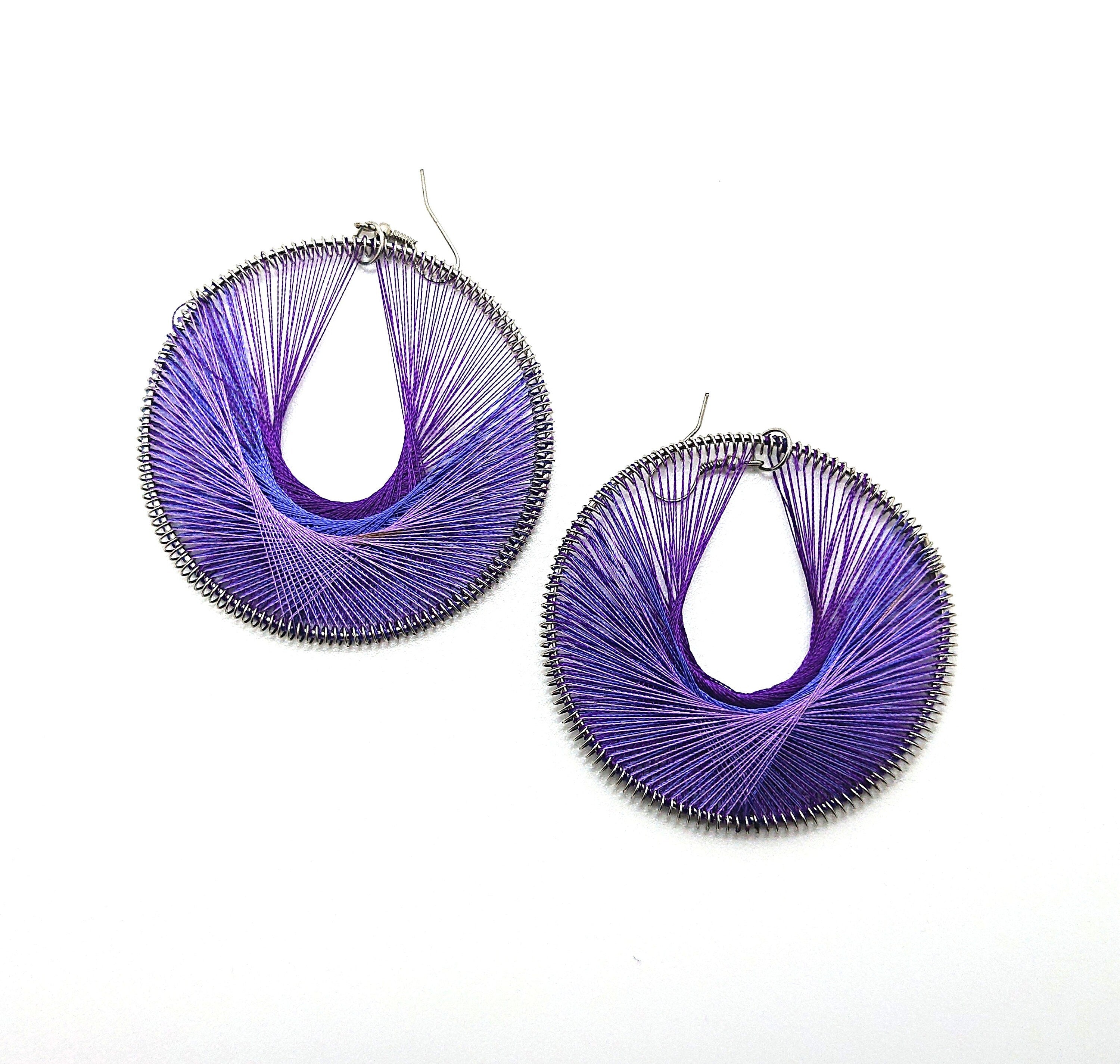 Vintage Chunky Earrings Purple Round Dangle Drop Oversized Round Cotton Costume Jewellery Jewelry hippie jewellery