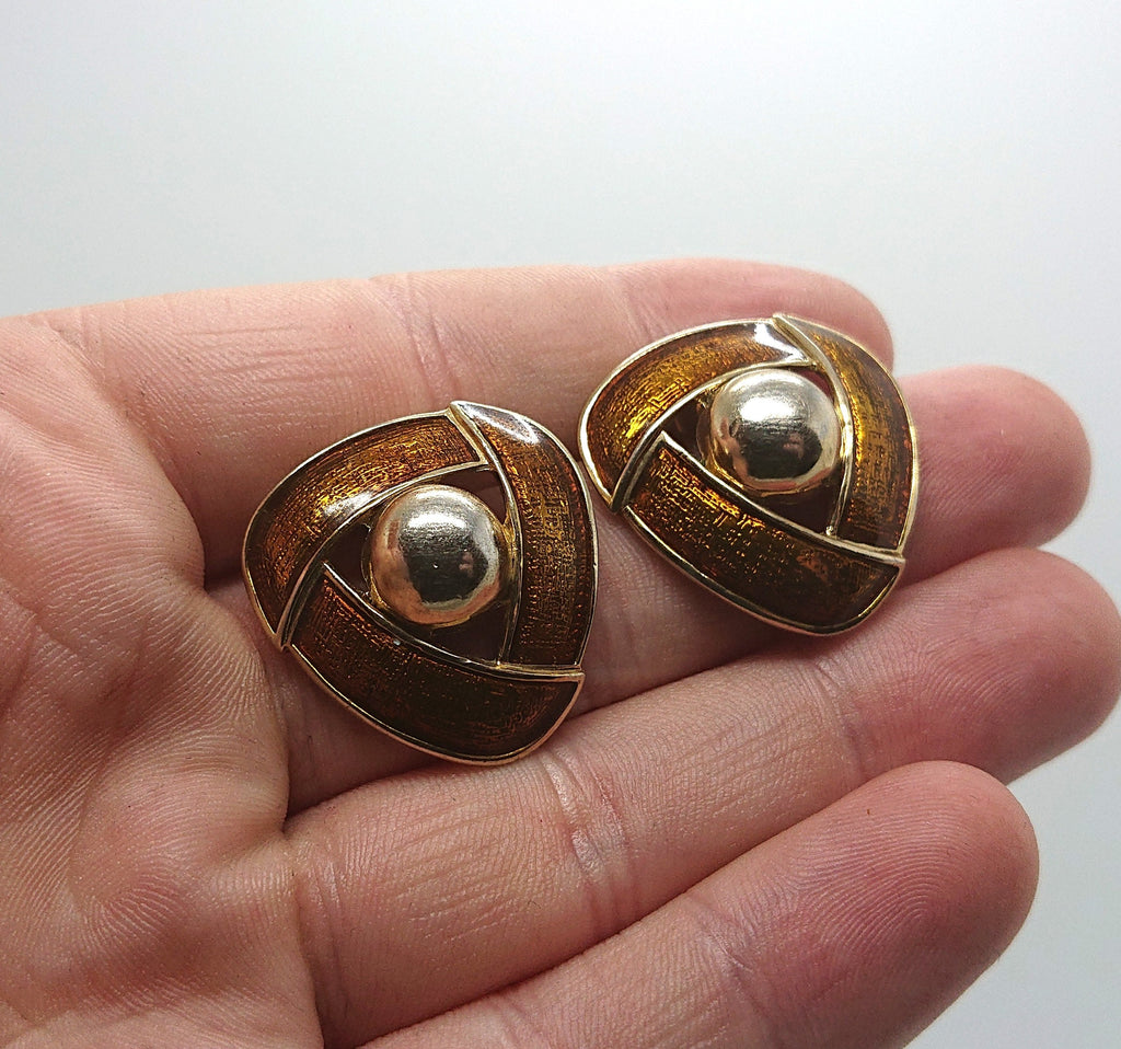 Vintage Chunky Earrings Orange Enamel Silver Stud Triangle Earrings Costume Jewellery Jewelry