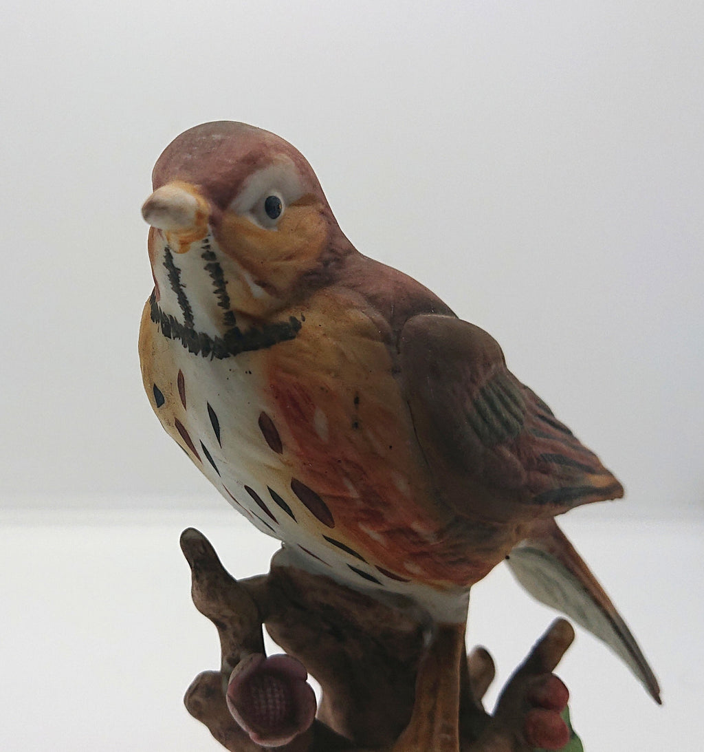 Vintage Bird Figurine on Branch Wood Thrush Collectable Bird Ornament Porcelaine