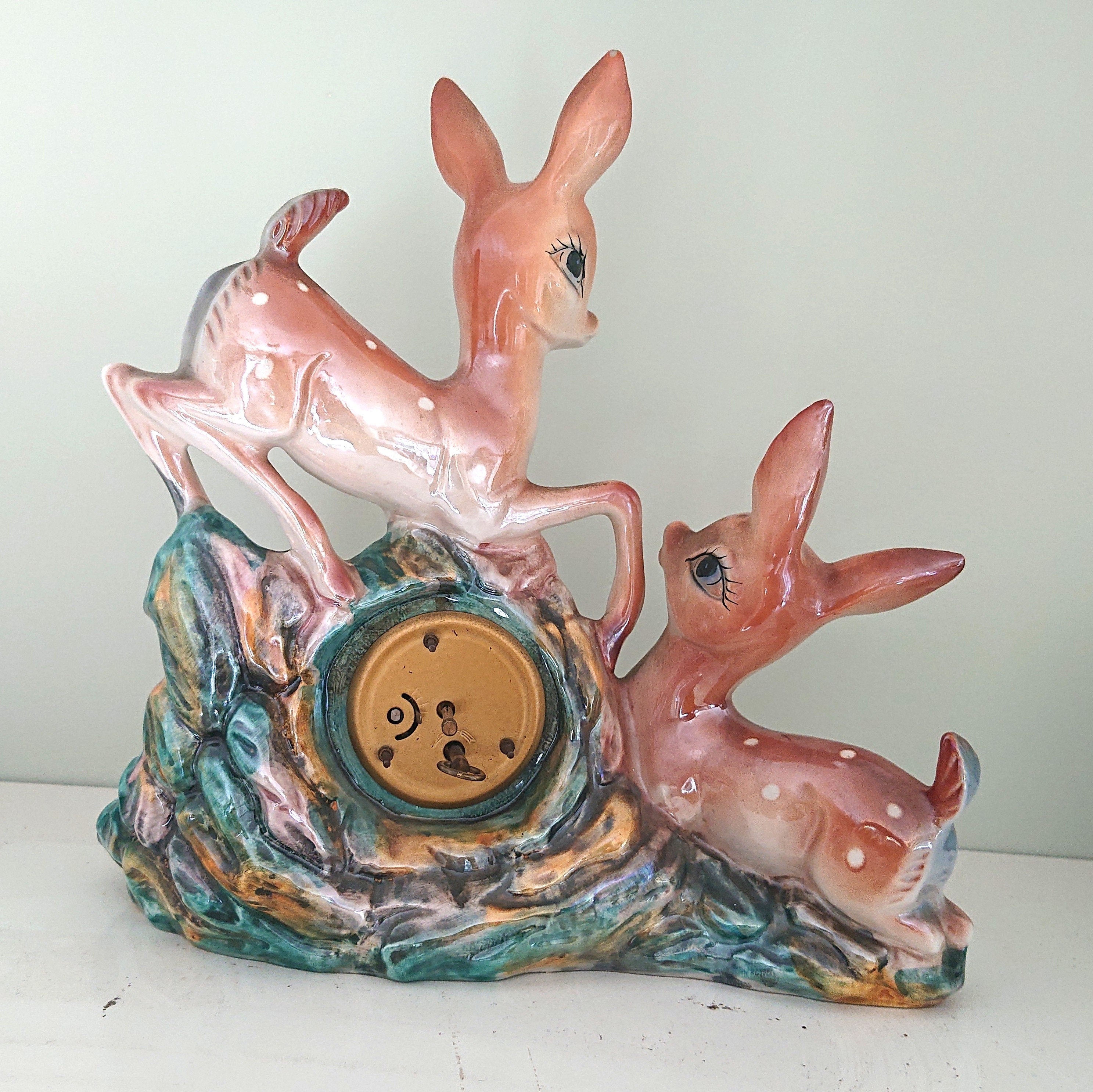 Vintage Deer Clock with Ashtray Ceramic Italian Glazed Clock 1950's Kitsch Bambi Mantel Clock Bambi Mid Century