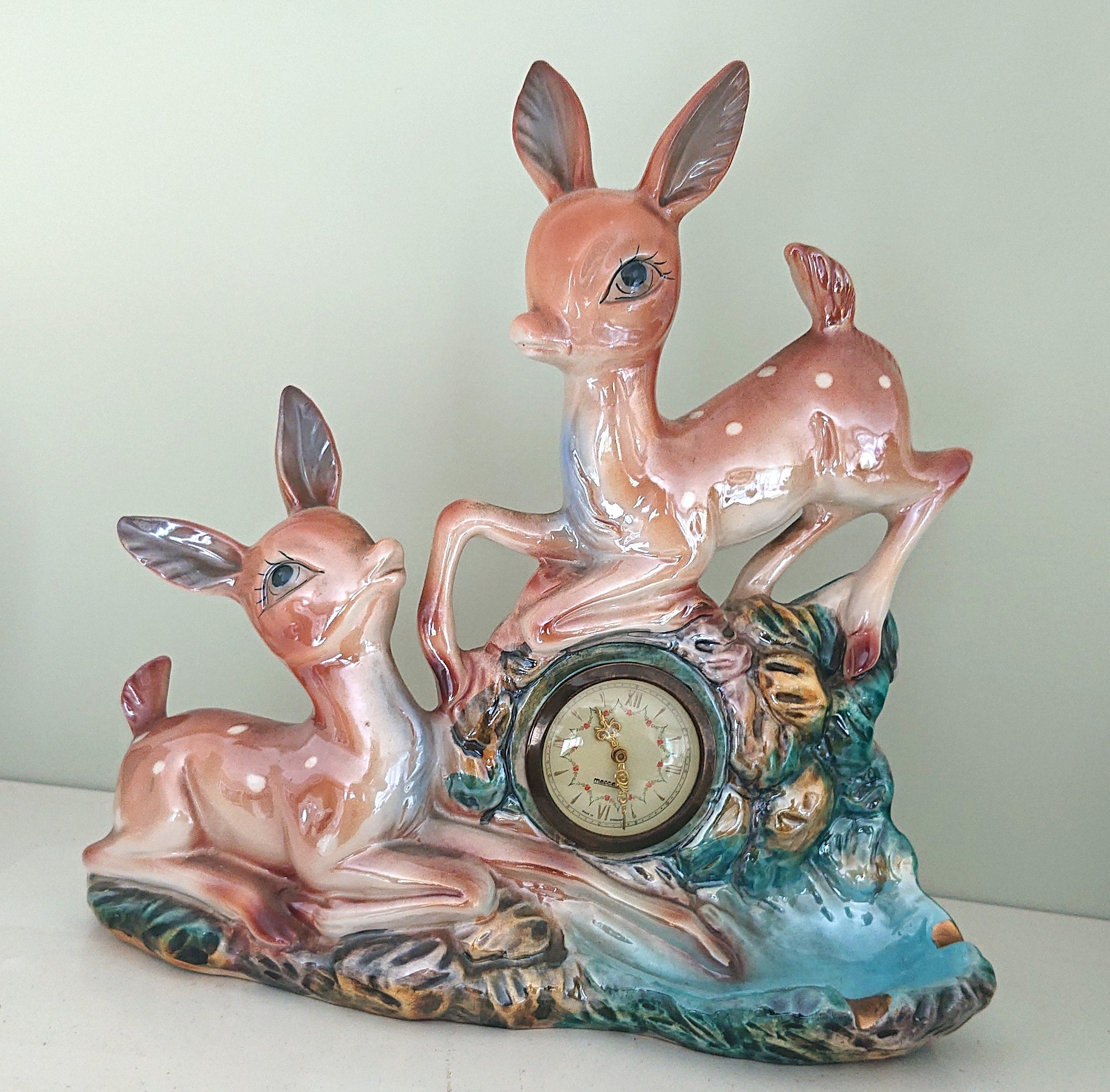 Vintage Deer Clock with Ashtray Ceramic Italian Glazed Clock 1950's Kitsch Bambi Mantel Clock Bambi Mid Century