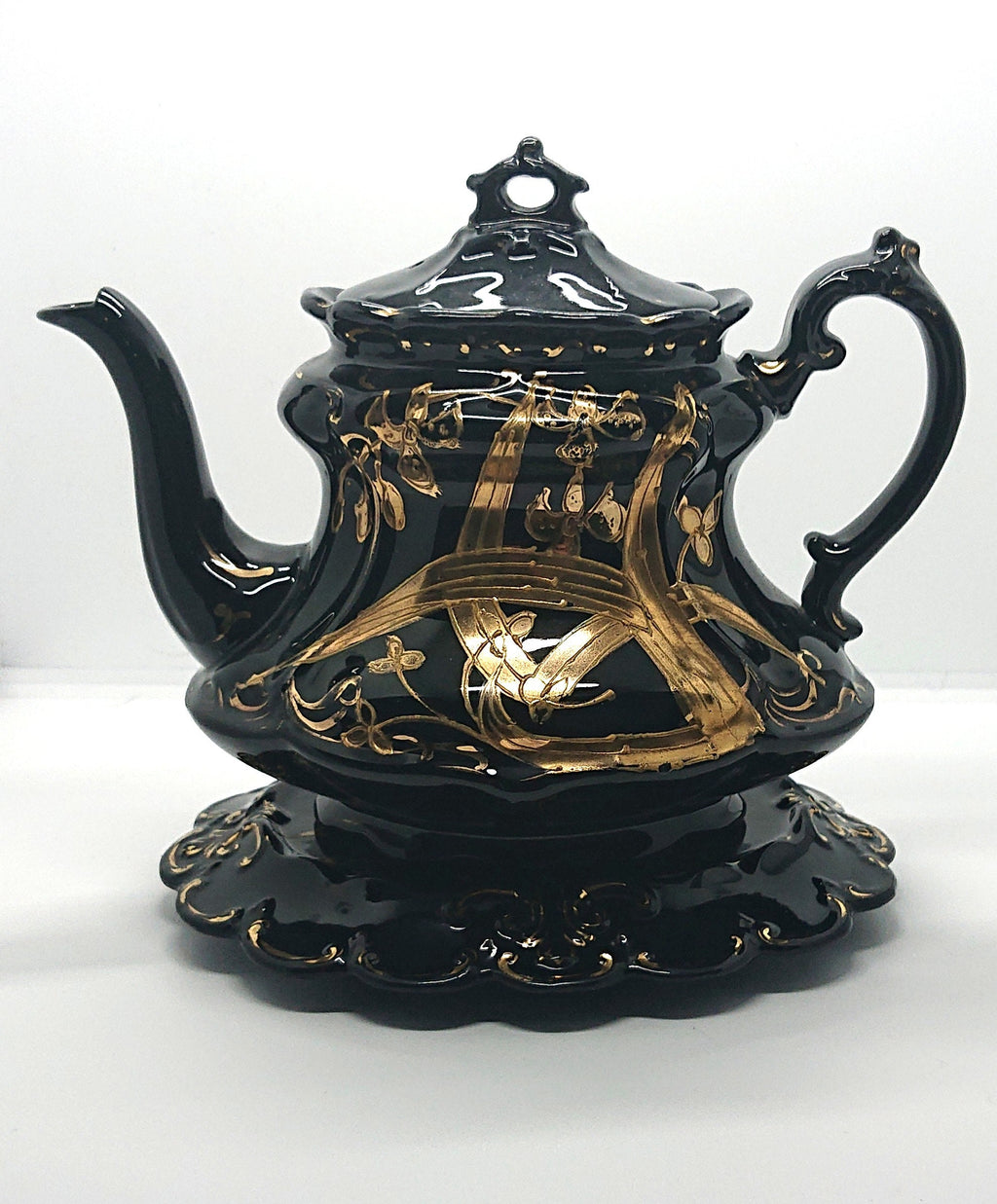 Antique English Victorian Black and Gold Teapot with stand Mourning Jackfield Teapot Gold Gilt Decorative Teapot Collectable Ceramic