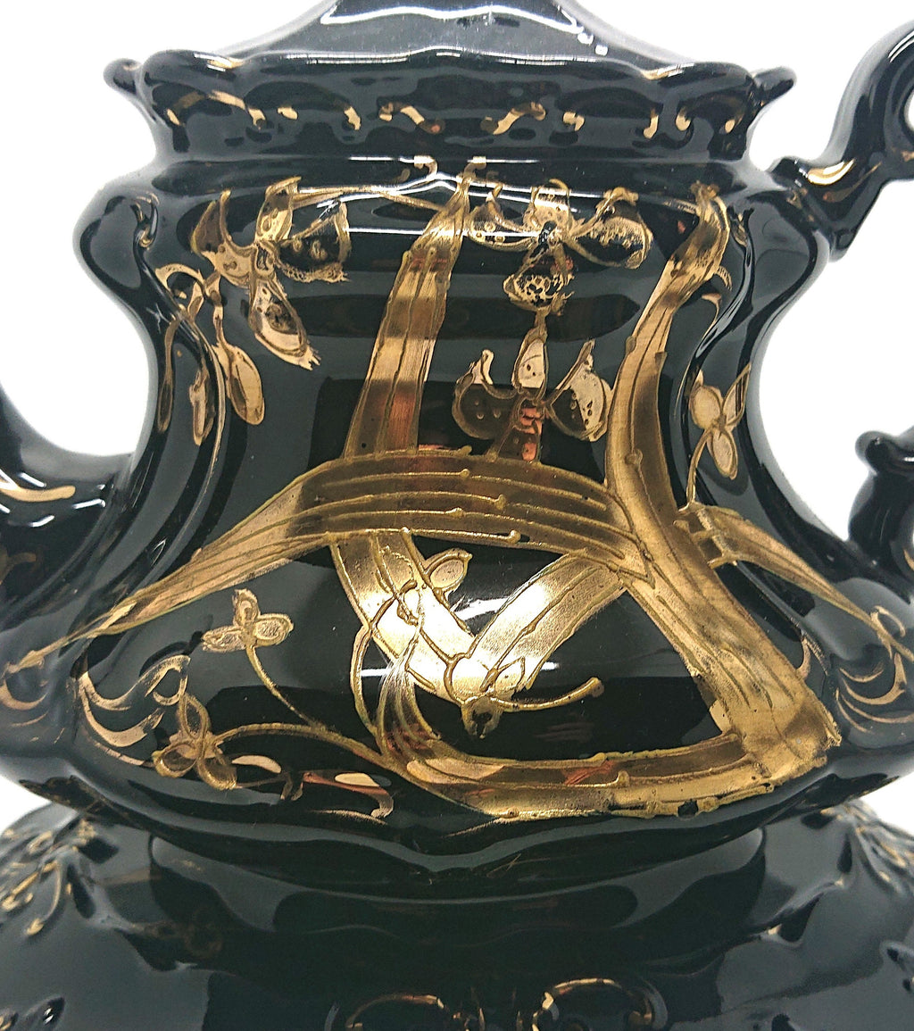Antique English Victorian Black and Gold Teapot with stand Mourning Jackfield Teapot Gold Gilt Decorative Teapot Collectable Ceramic