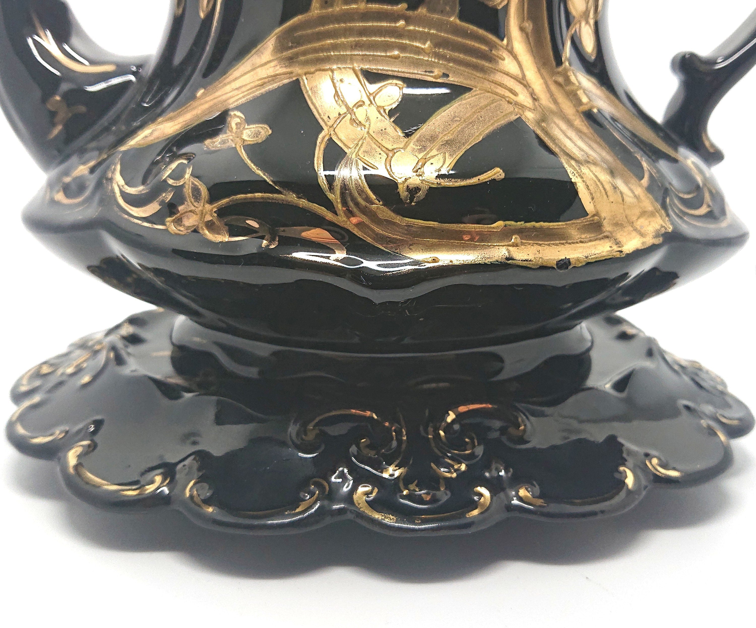 Antique English Victorian Black and Gold Teapot with stand Mourning Jackfield Teapot Gold Gilt Decorative Teapot Collectable Ceramic