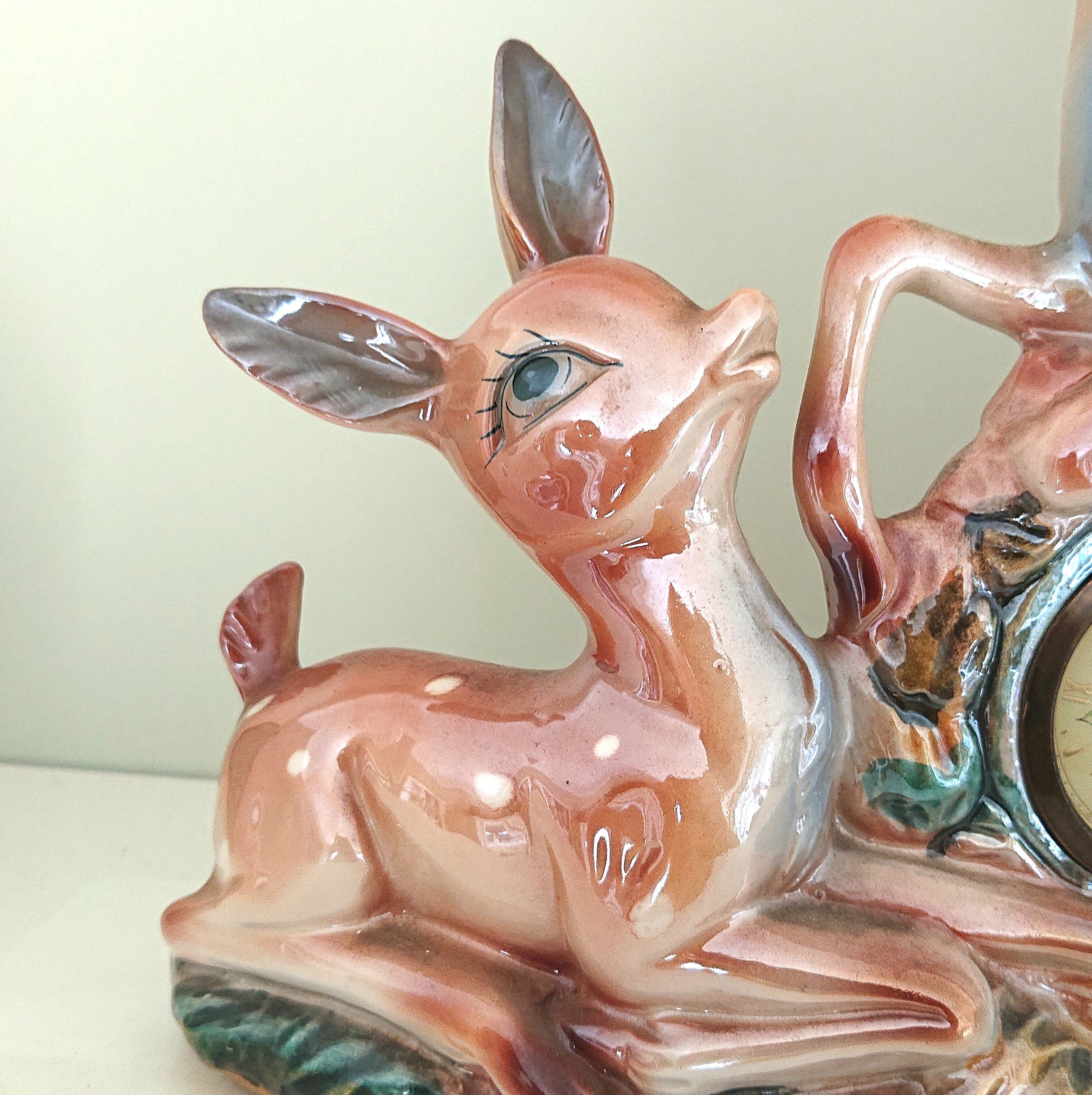 Vintage Deer Clock with Ashtray Ceramic Italian Glazed Clock 1950's Kitsch Bambi Mantel Clock Bambi Mid Century