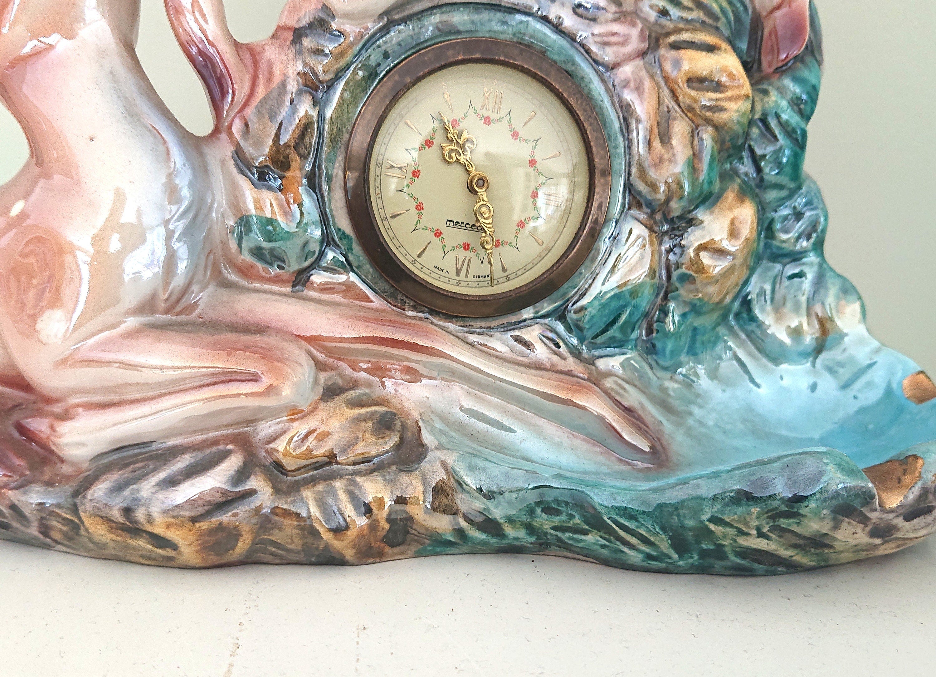 Vintage Deer Clock with Ashtray Ceramic Italian Glazed Clock 1950's Kitsch Bambi Mantel Clock Bambi Mid Century