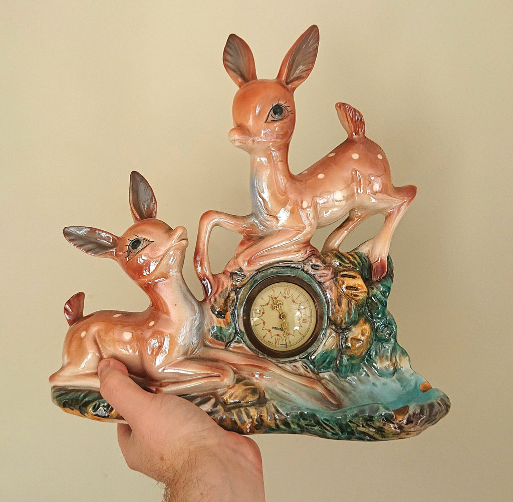 Vintage Deer Clock with Ashtray Ceramic Italian Glazed Clock 1950's Kitsch Bambi Mantel Clock Bambi Mid Century