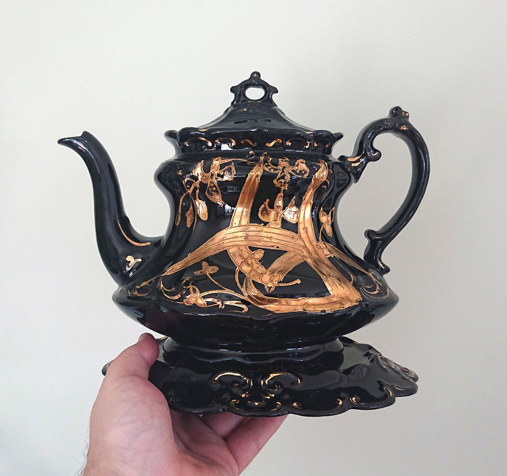 Antique English Victorian Black and Gold Teapot with stand Mourning Jackfield Teapot Gold Gilt Decorative Teapot Collectable Ceramic