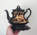 Antique English Victorian Black and Gold Teapot with stand Mourning Jackfield Teapot Gold Gilt Decorative Teapot Collectable Ceramic