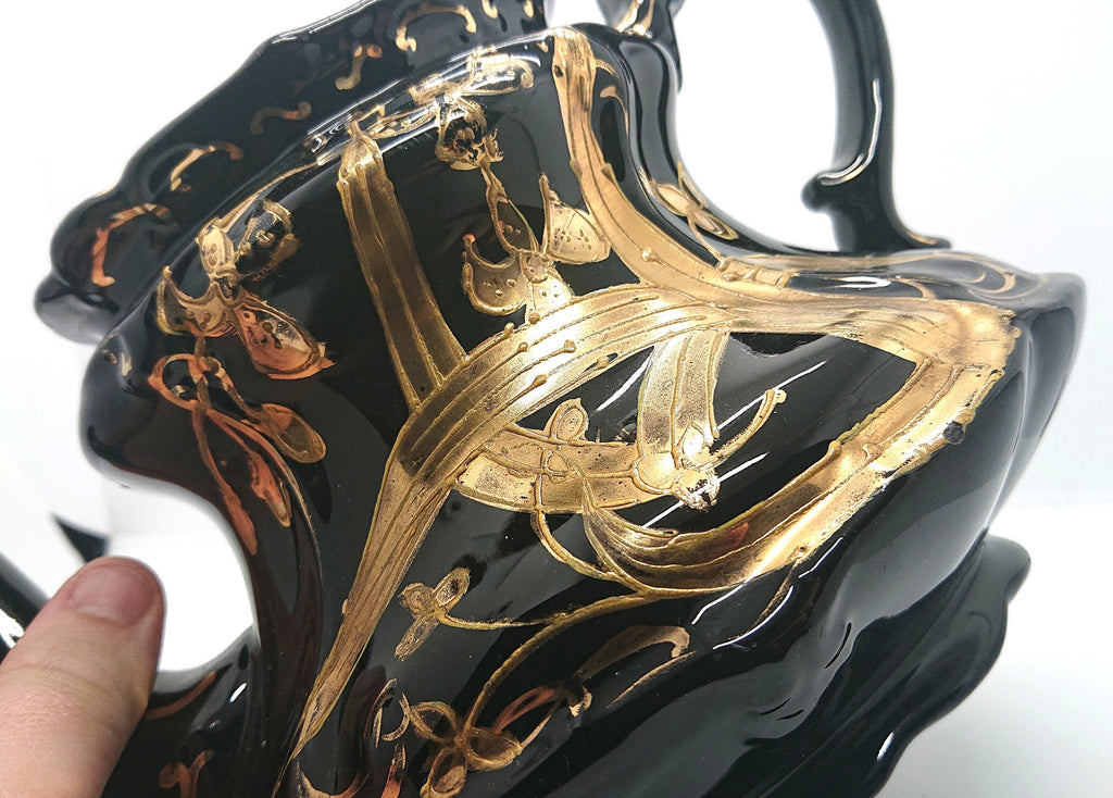 Antique English Victorian Black and Gold Teapot with stand Mourning Jackfield Teapot Gold Gilt Decorative Teapot Collectable Ceramic