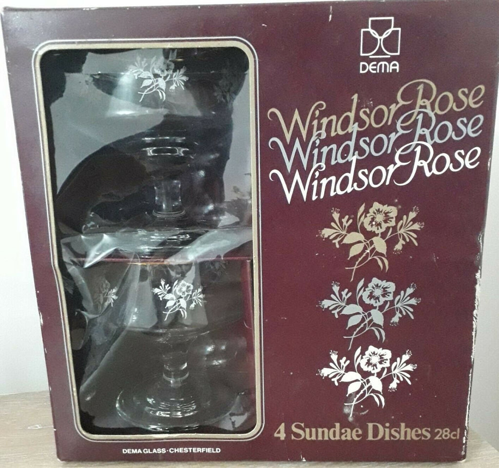 Windsor Rose Glass Sundae Dishes X 4 By Dema, Boxed, 1980's, vintage, Kitsch, Dessert bowls,