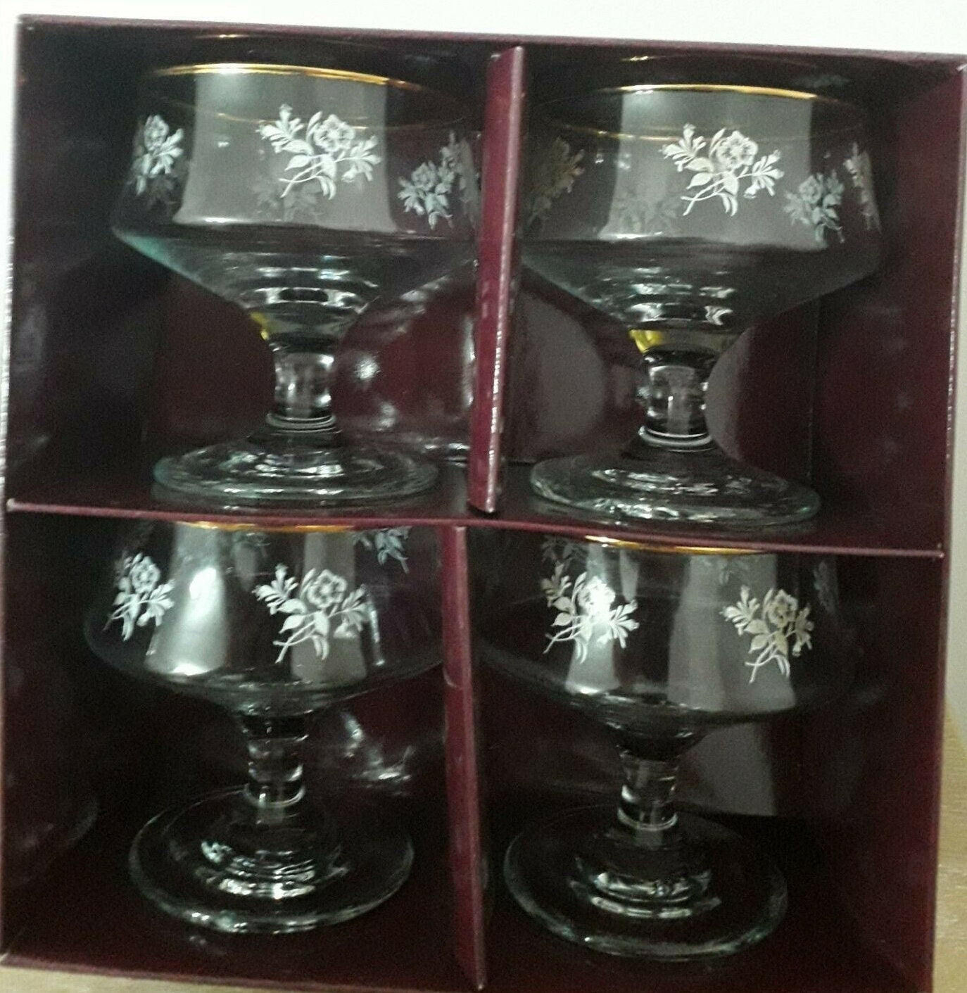 Windsor Rose Glass Sundae Dishes X 4 By Dema, Boxed, 1980's, vintage, Kitsch, Dessert bowls,
