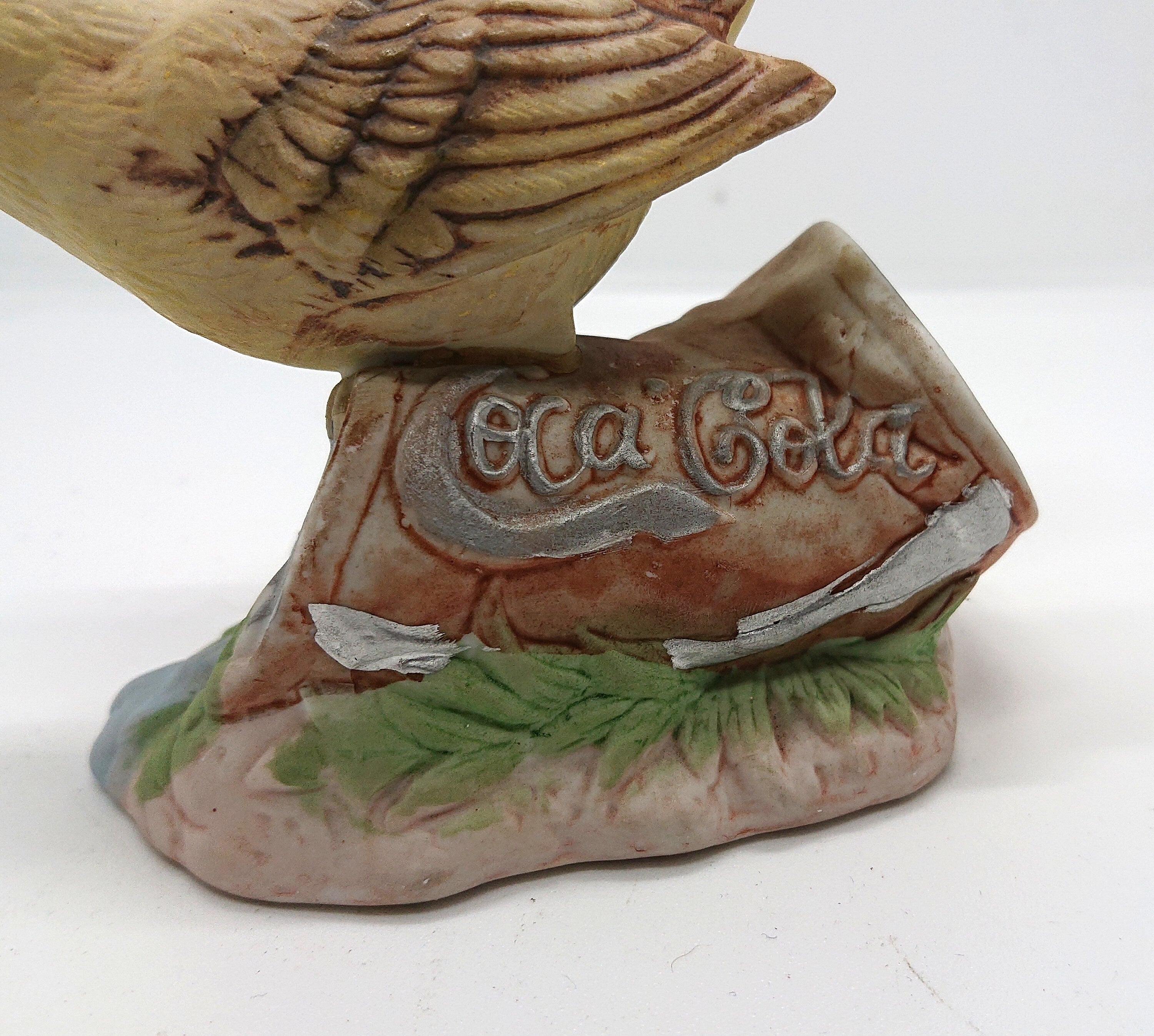 Vintage Bird Figurine on Coca Cola Can Cute Ceramic Porcelain Bird Figure Housewarming Gift Yellow Bird